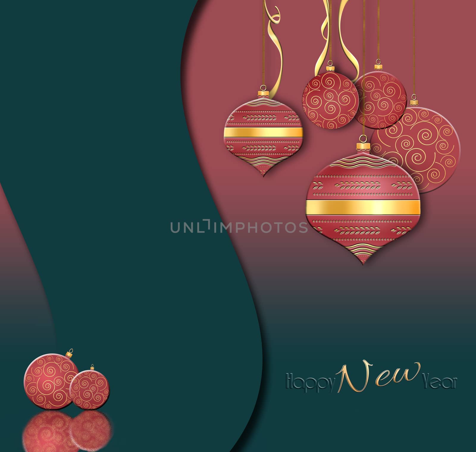 Luxury Christmas and 2021 New Year balls background in Chinese style. Hanging red baubles with gold decor on black green background. Text Happy New year. 3D illustration