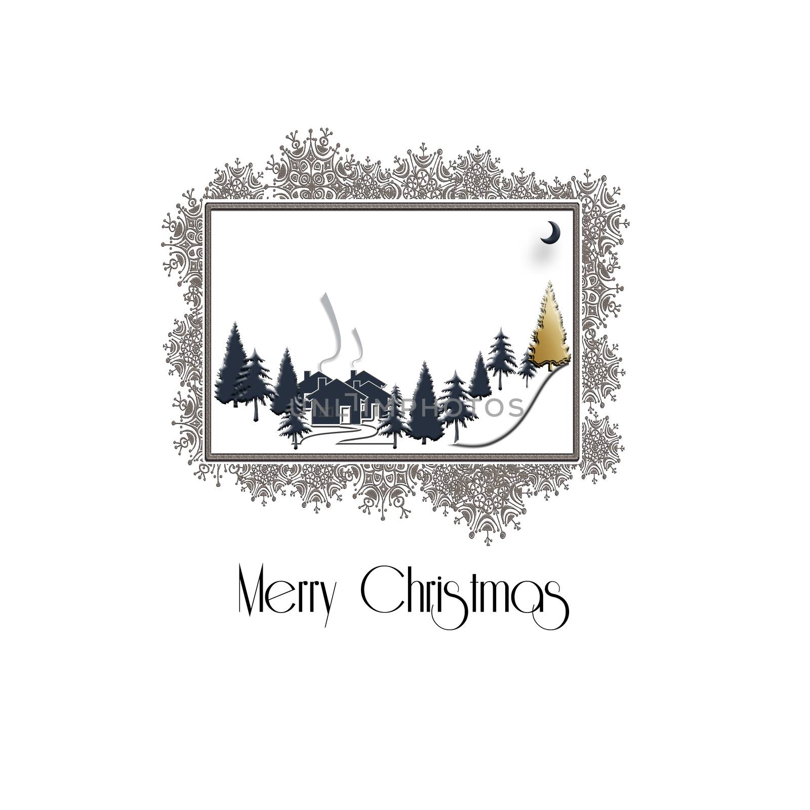 Beautiful Christmas winter silhouett of landscape with Christmas trees on white background, snowflake sparkling gold border. Design, poster. 3D Illustration