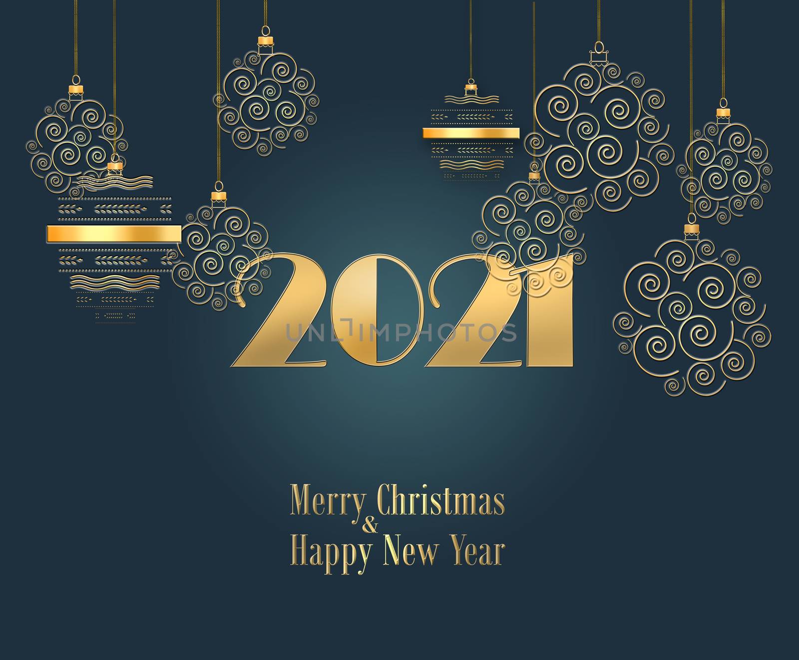 Dramatic Christmas background with hanging gold balls and gold digit 2021 on black background. Text Merry Christmas Happy New Year. Copy space. 3D illustration