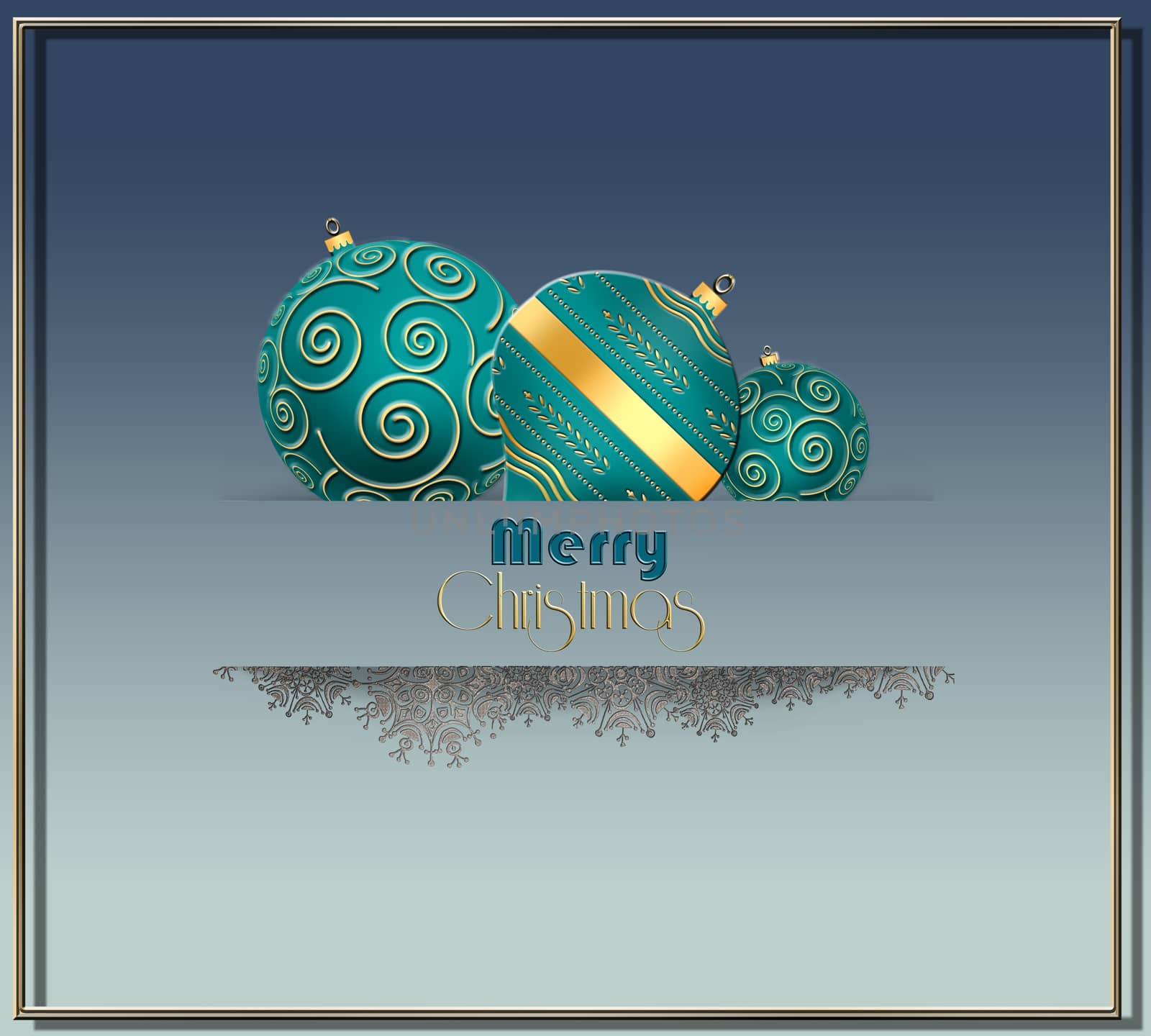 Beautiful Christmas 2021 New Year card card with turquoise blue green balls with gold ornament, snowflakes border in paper stripe on pastel blue background. Text Merry Christmas. 3D illustration