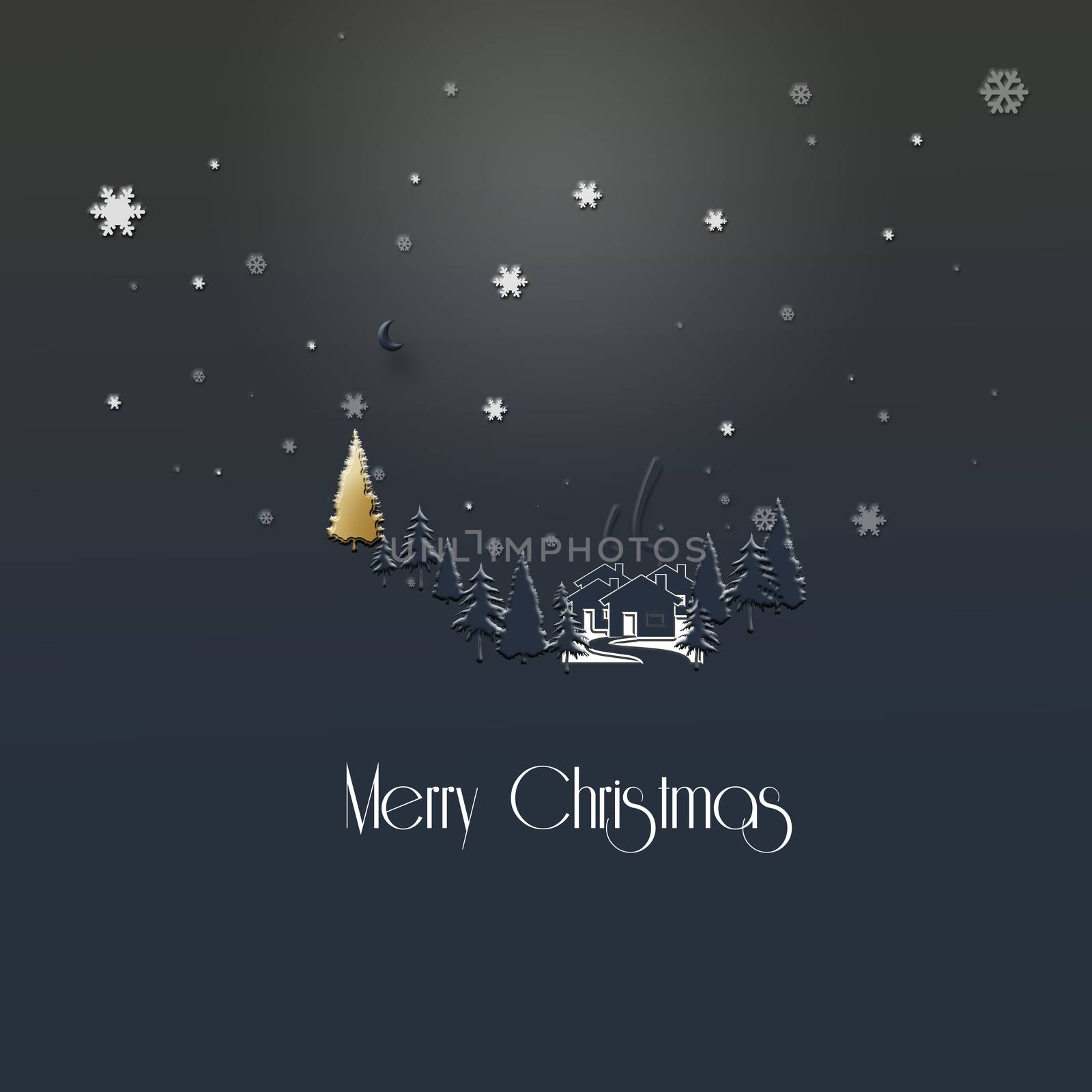 Beautiful stylish minimalist Christmas 2021 New Year winter night landscape with snowflakes, houses, firs, gold Christmas tree on dark blue background. Merry Christmas text. 3D Illustration
