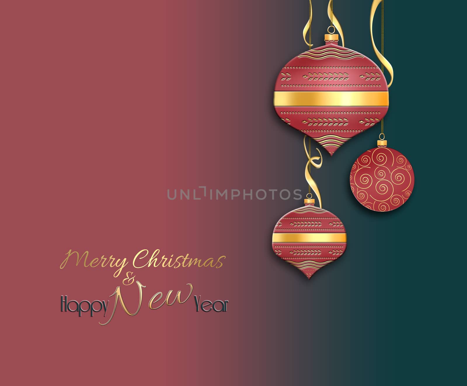 Christmas 2021 New Year background with shining red gold balls, serpentine. Text Merry Christmas and Happy New Year. Place for text. 3D Illustration.