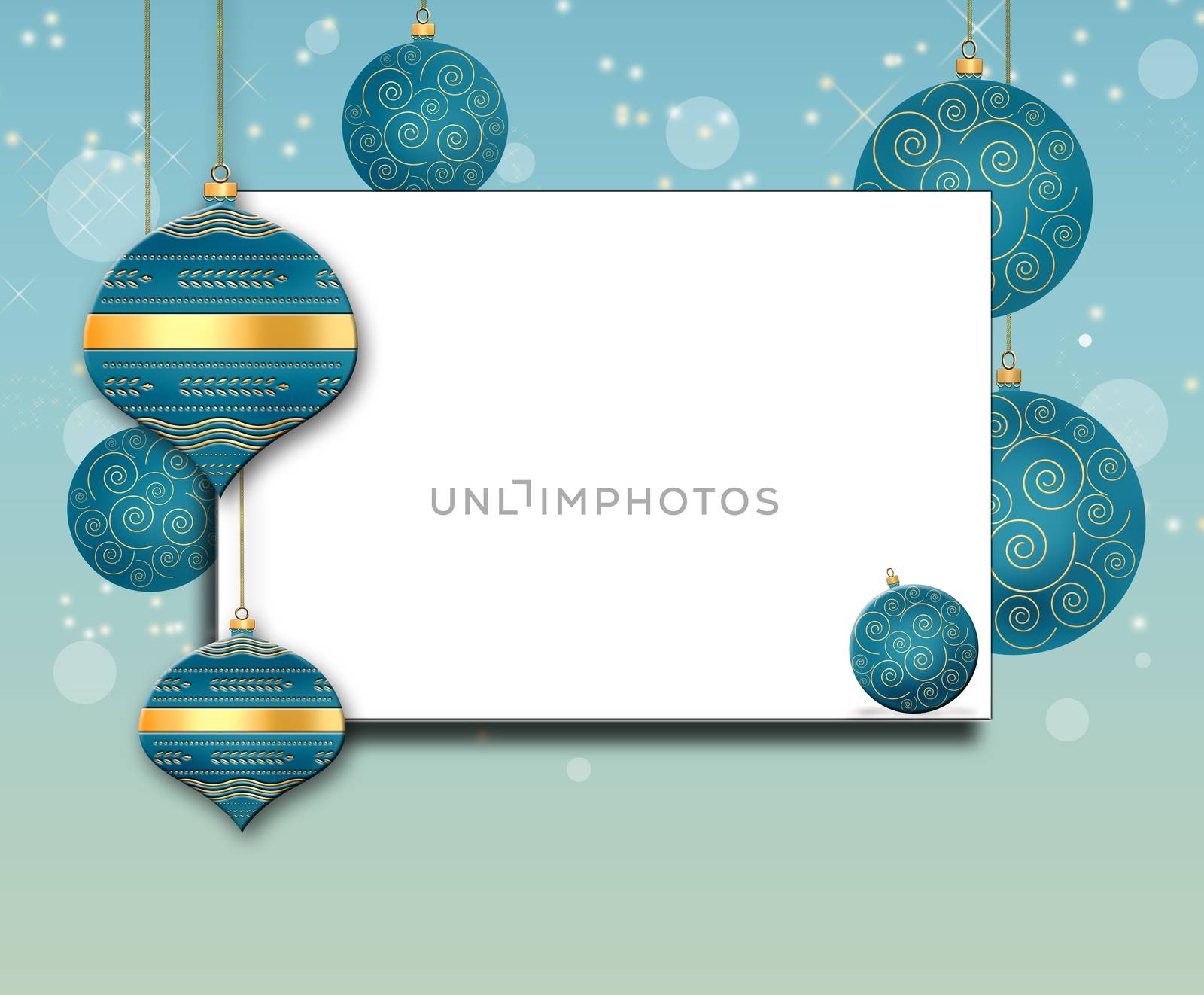 Mock up elegant Christmas background with turquoise blue balls with gold ornament on pastel blue background. Text Merry Christmas. Copy space, place for text. 3D illustration
