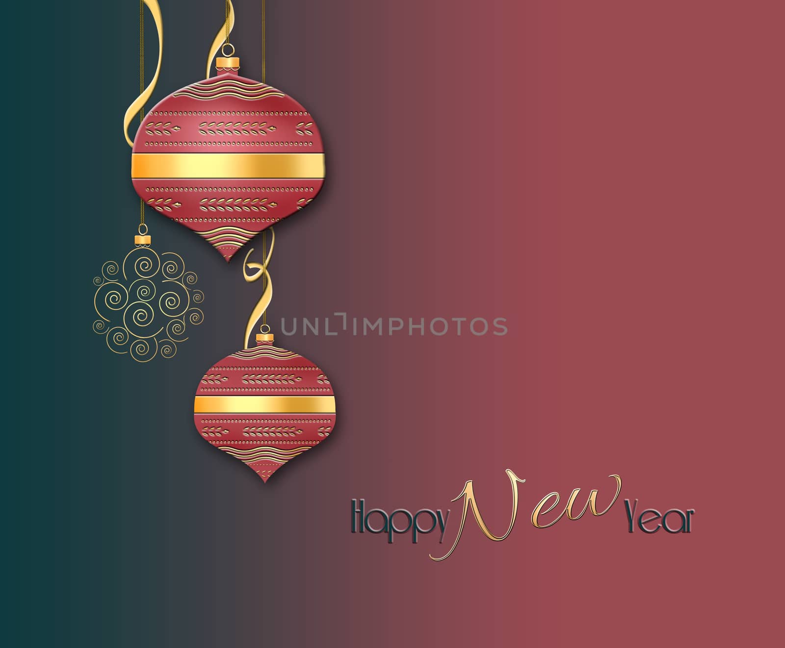 Elegant luxury minimalist Christmas 2021 New Year background. Hanging red baubles, balls with gold decor and cofetti on red black background. Text Happy New Year. Copy space. Mock up. 3D illustration