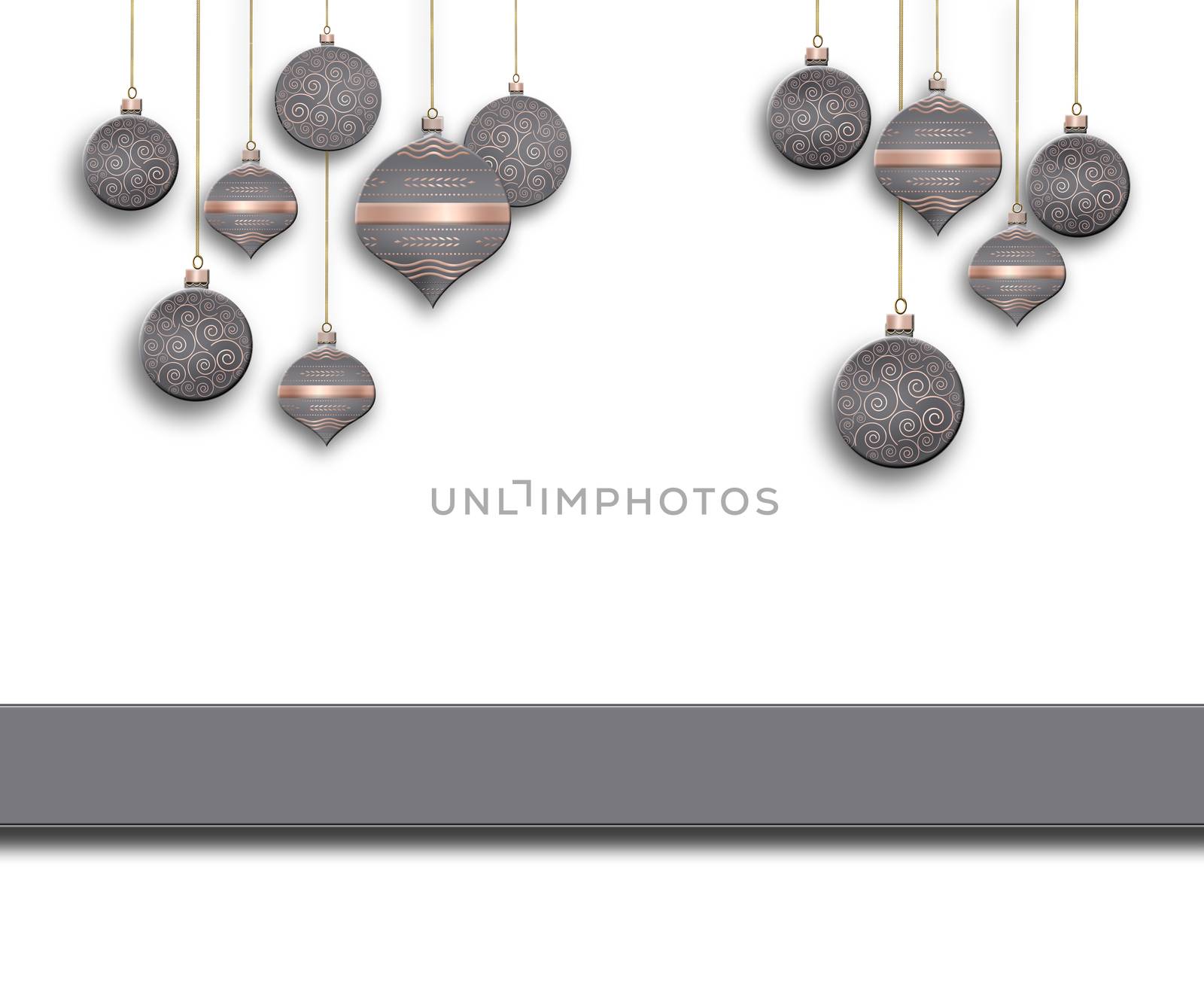 Elegant Christmas background with grey pink balls with gold ornament on white background. Text Merry Christmas. Copy space, place for text. 3D illustration
