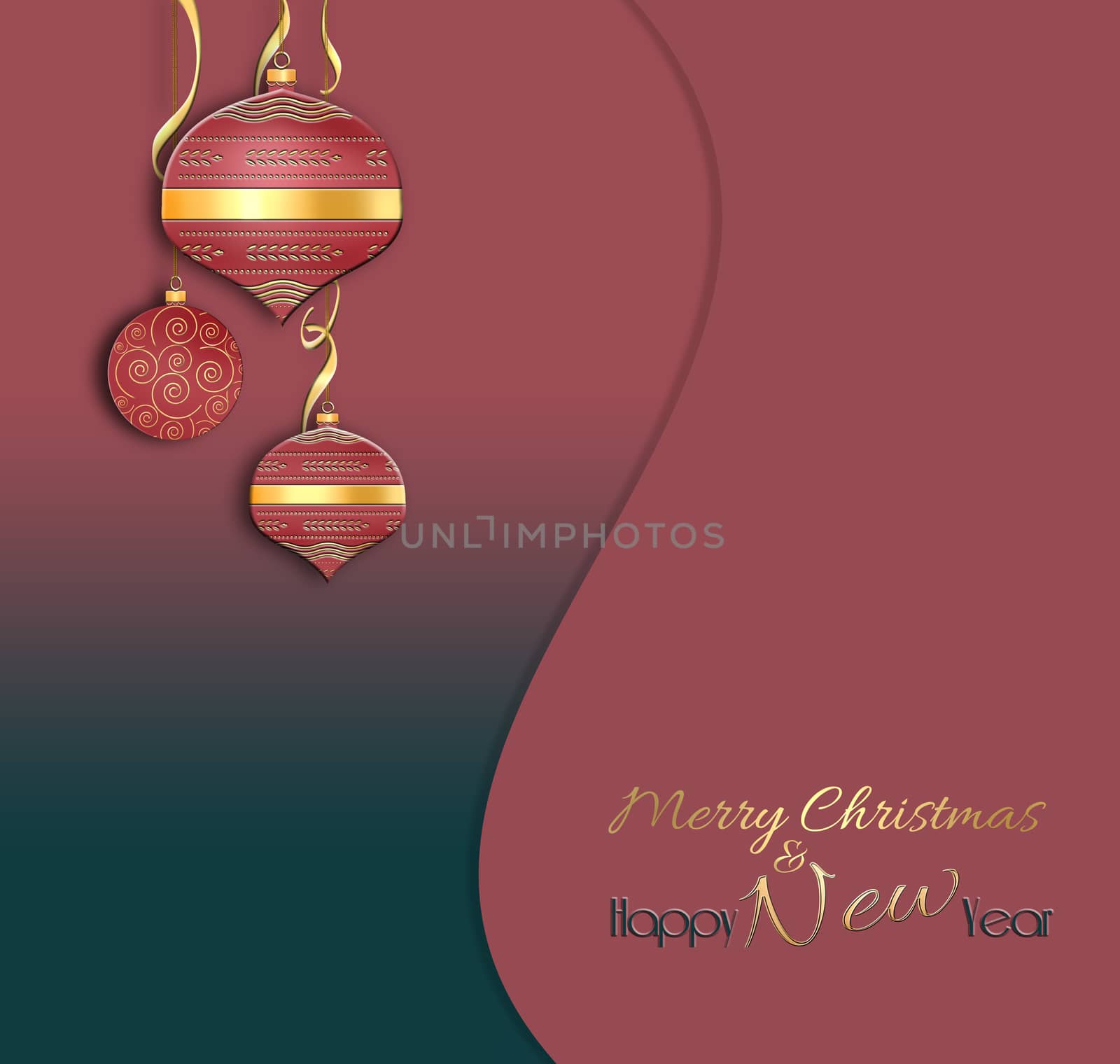 Christmas and 2021 New Year balls background. Hanging red decorative bauble with gold decor on red black background. Text Merry Christmas Happy New year. 3D illustration