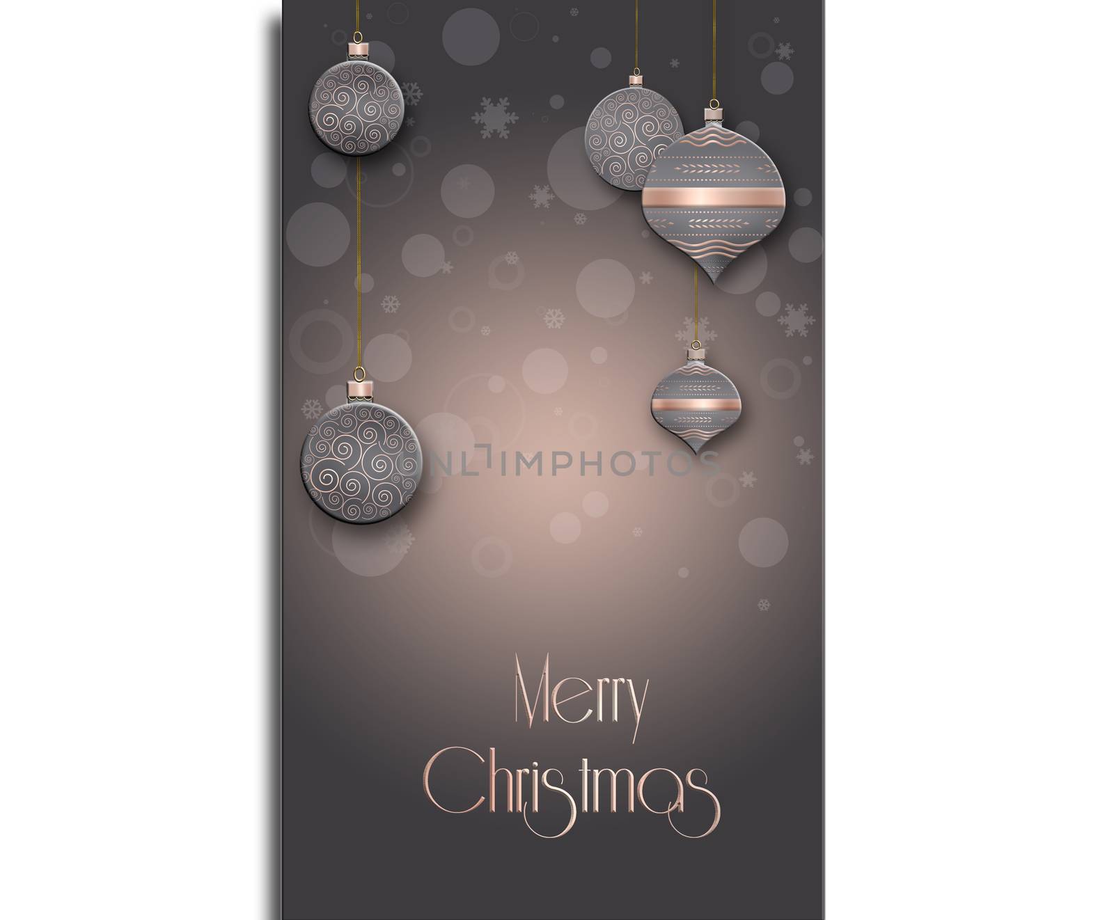 Elegant Christmas background with hanging balls with pink gold ornament on pastel brown background. Copy space. 3D illustration