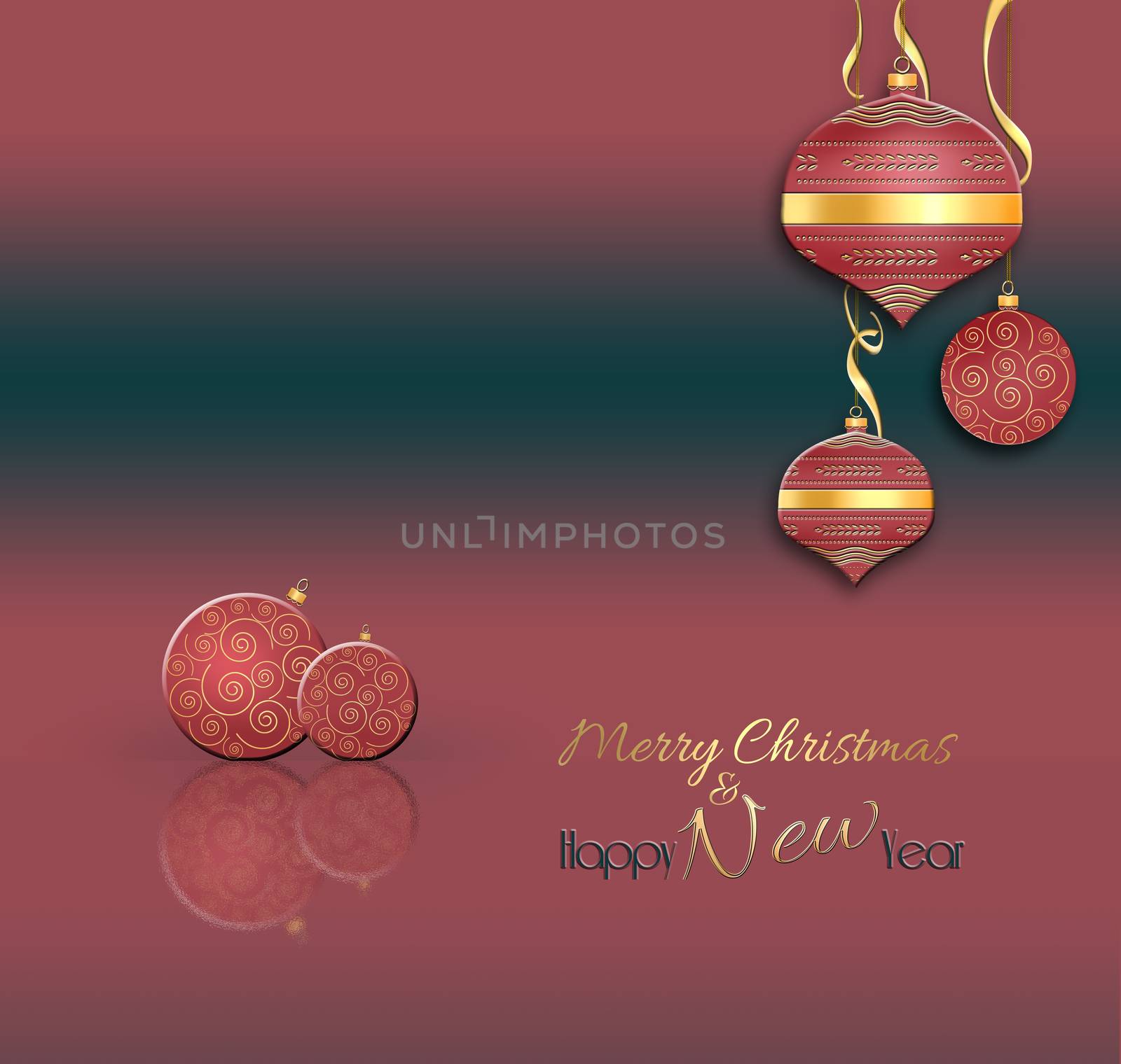 Christmas and New Year balls background. Hanging red decorative bauble with gold decor on red black background. Text Merry Christmas Happy New year. 3D illustration