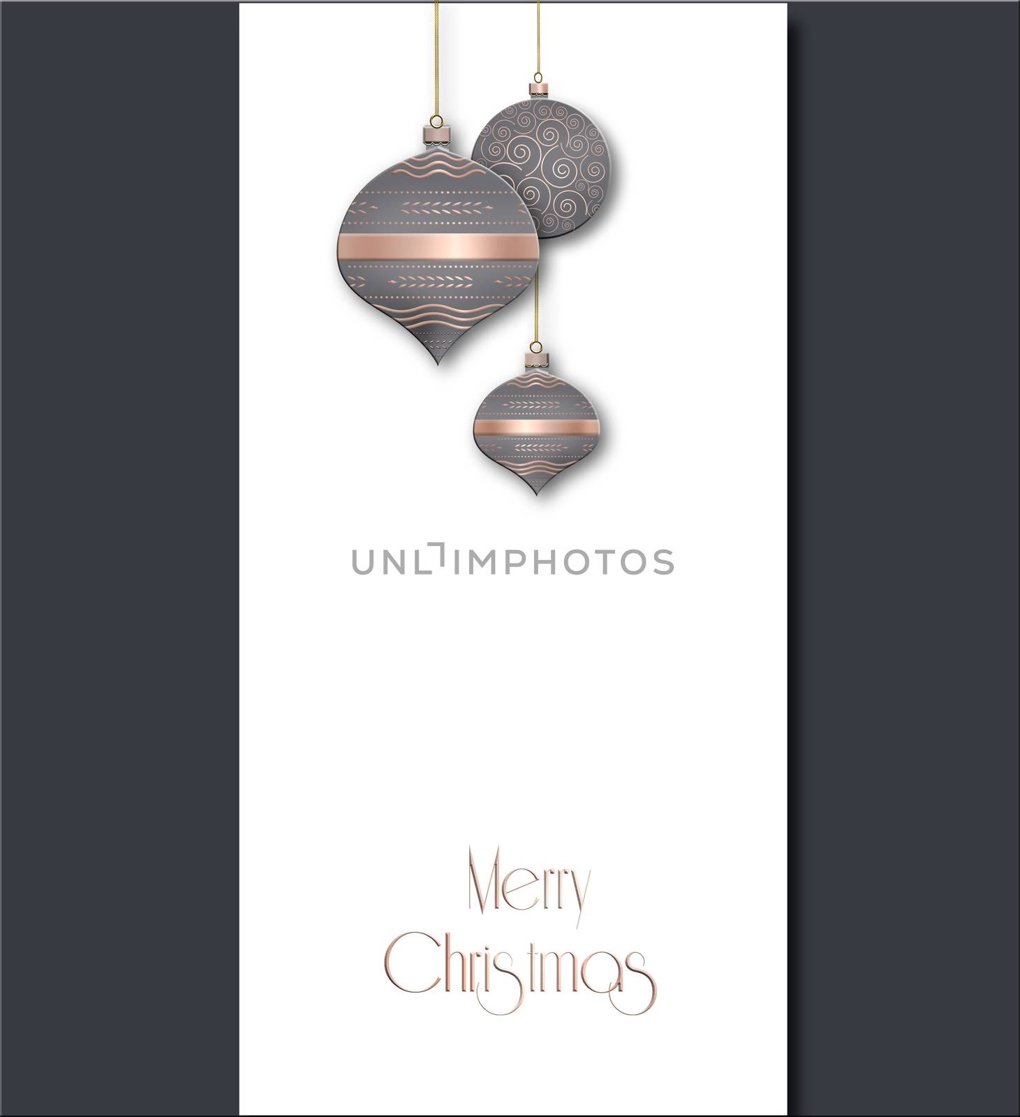 Elegant Christmas background with grey pink balls with gold ornament on white background. Text Merry Christmas. Copy space, mock up, place for text. 3D illustration