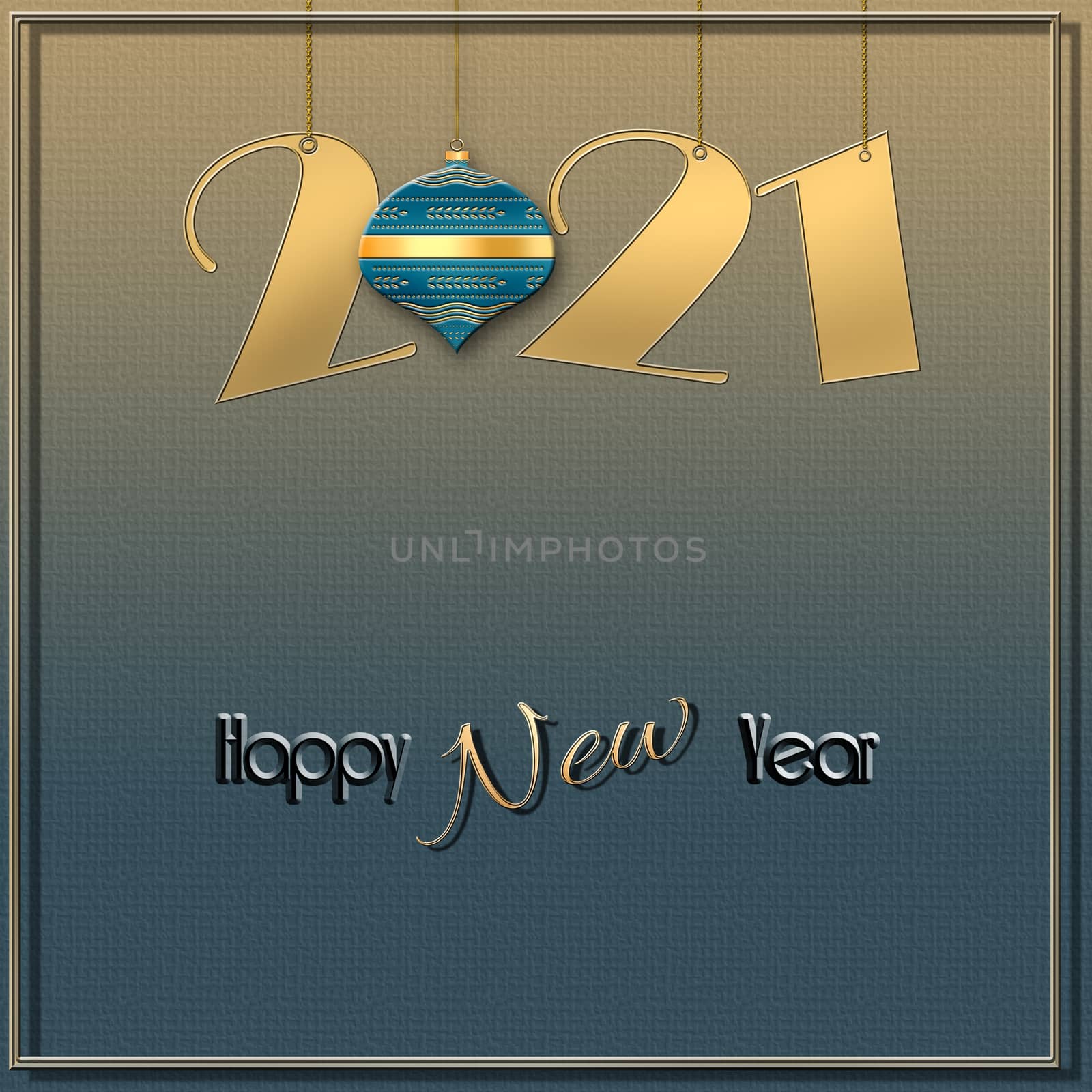 Minimalist Happy New 2021 Year design with hanging gold 2021 digit, green ball on shiny gold green background. Text Happy New Year. 3D illustration