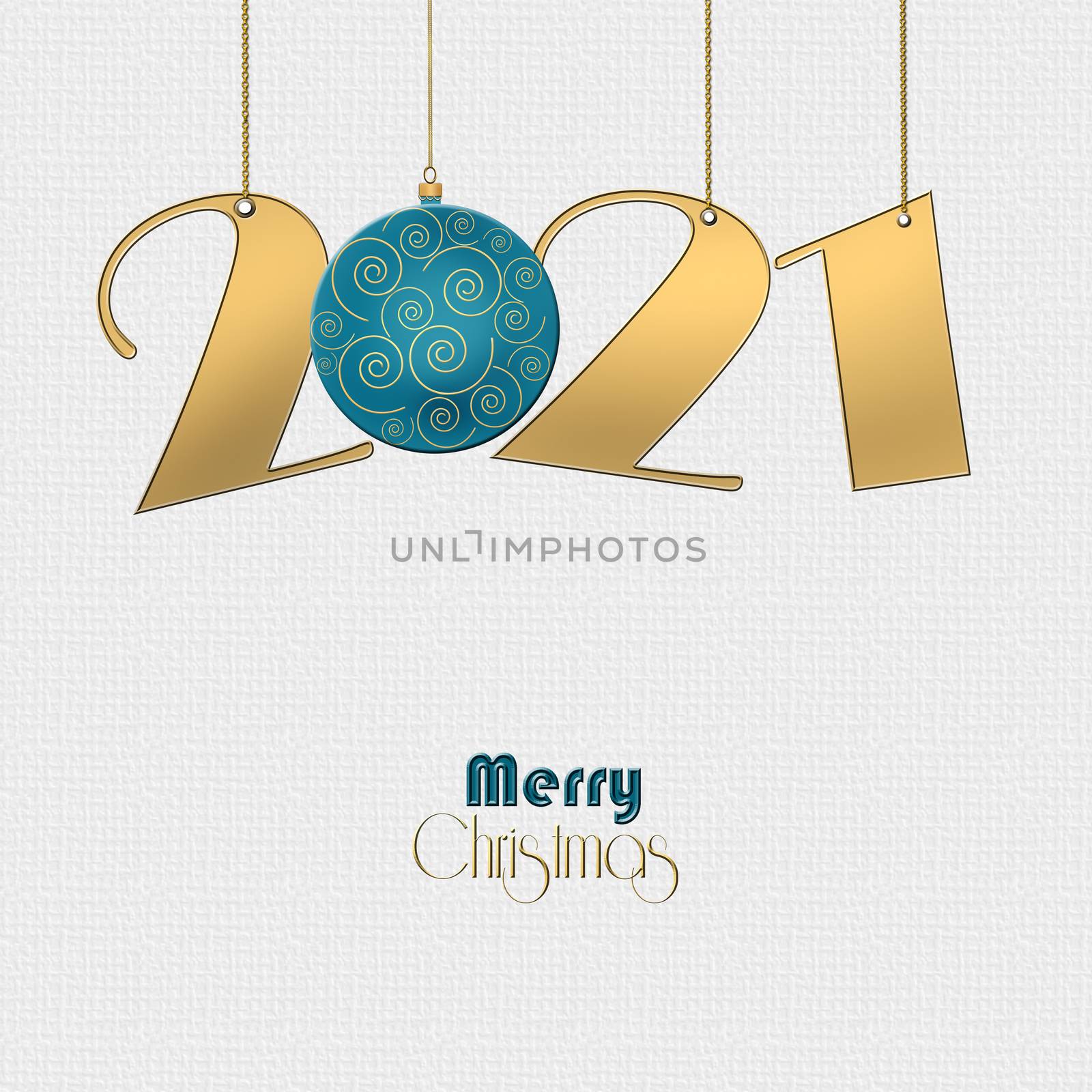 Minimalist Happy New 2021 Year design with hanging gold 2021 digit, turquoise blue ball with gold ornament on white background. Text Merry Christmas. Copy space, 3D illustration