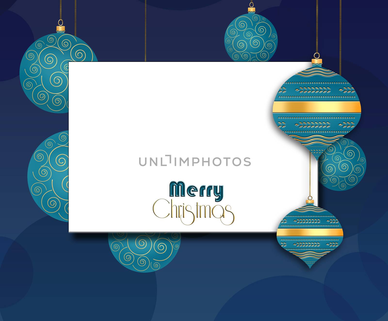 Elegant Christmas background with turquoise blue balls with gold ornament on blue background. Text Merry Christmas. Copy space, mock up, place for text. 3D illustration
