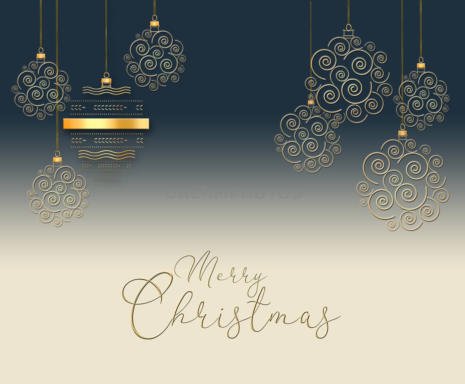A set of gold shiny Christmas balls. New Year background with Christmas balls, text Merry Christmas. Copy space. 3D illustration