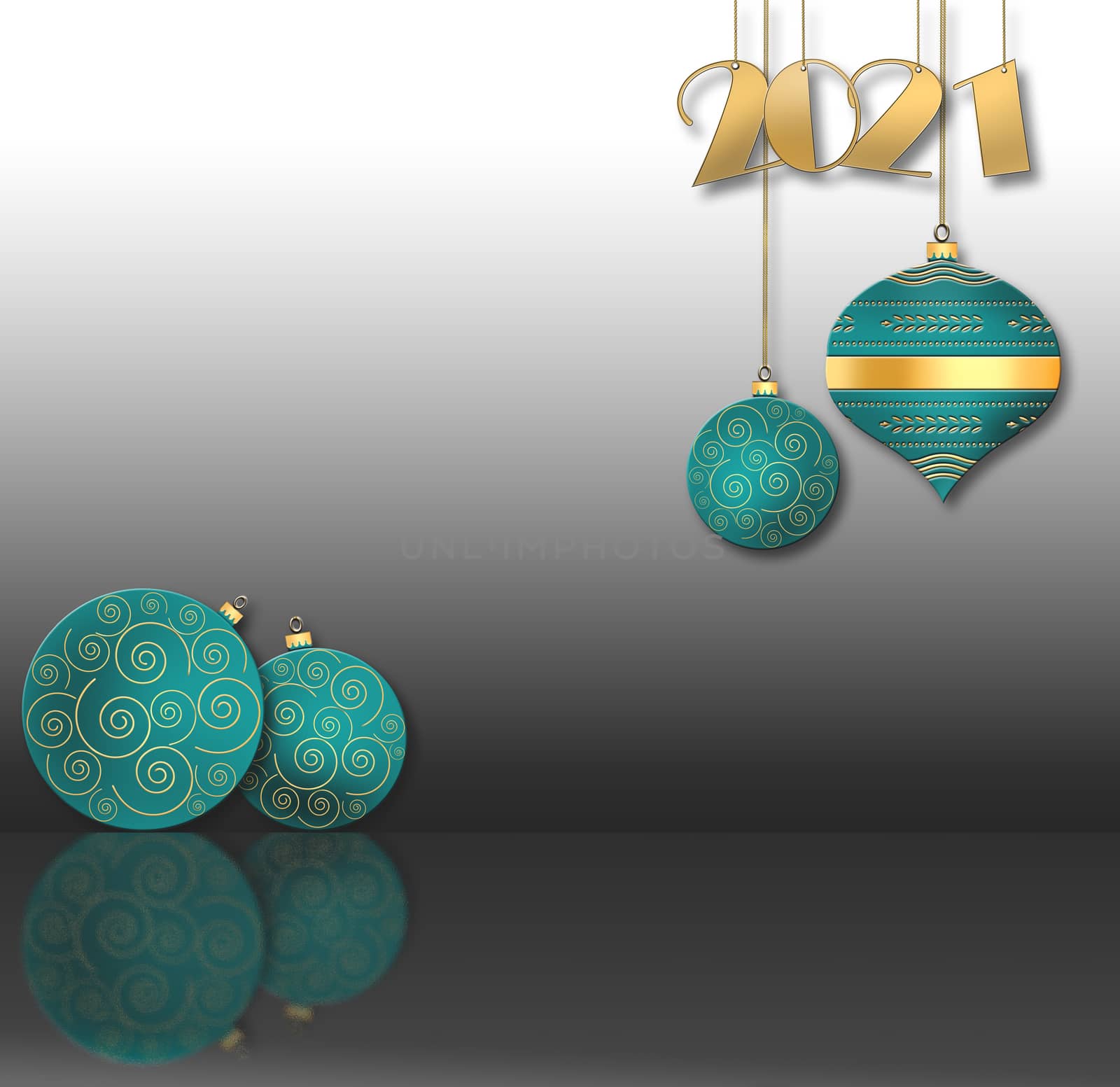 Christmas background with hanging turquoise blue balls with gold ornament and hanging gold digit 2021 on black background. Copy space. 3D illustration