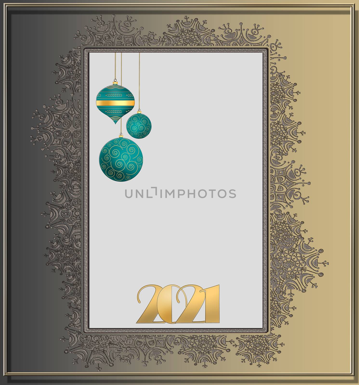 2021 Happy New Year background. Gold number 2021, hanging green balls on gold background with snowflakes border. Holiday flyer, greeting invitation card, banner. New Year selebration. 3D illustration.