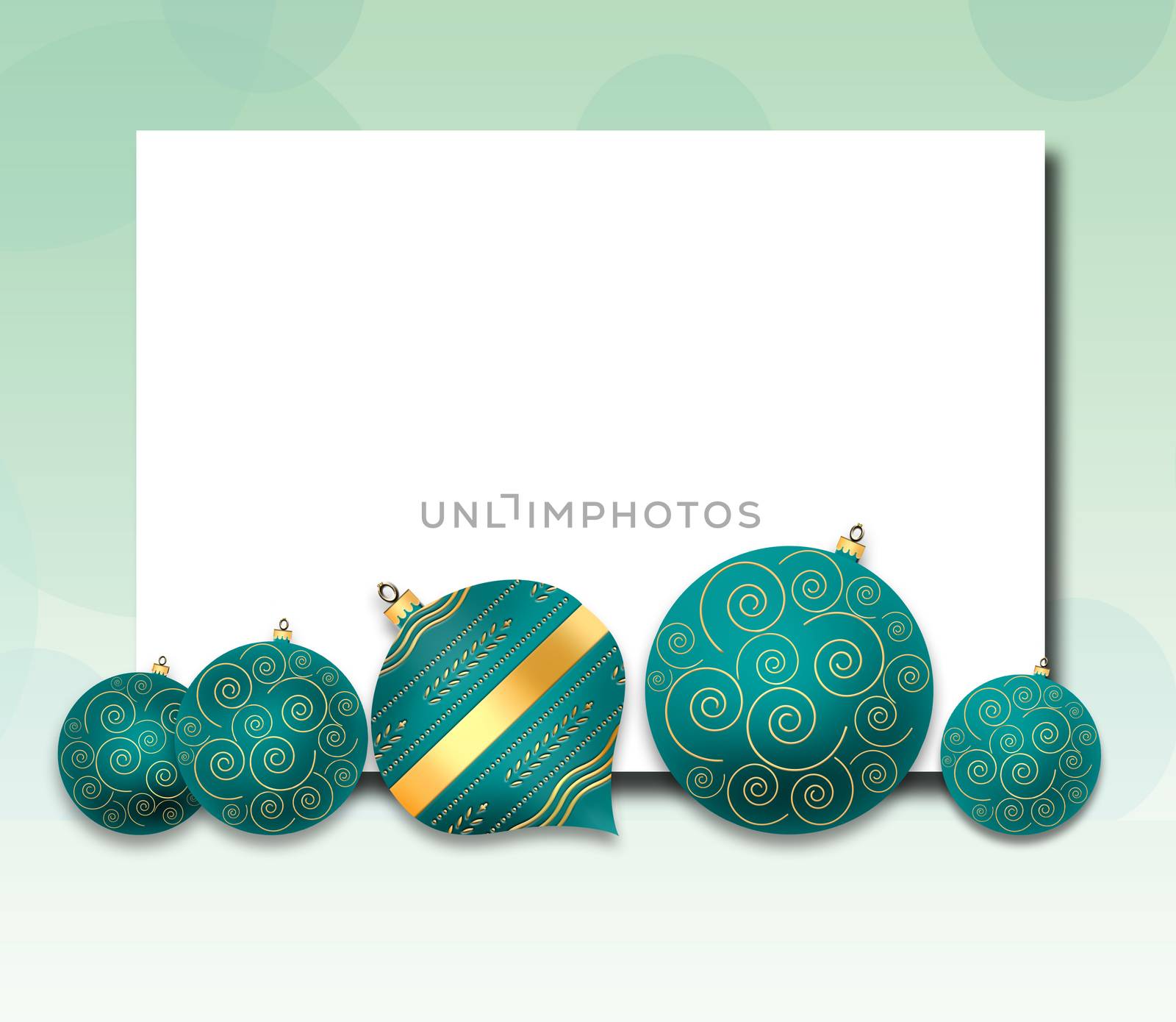 Elegant Christmas background with turquoise blue balls with gold ornament on pastel green background. Copy space, mock up, place for text. 3D illustration
