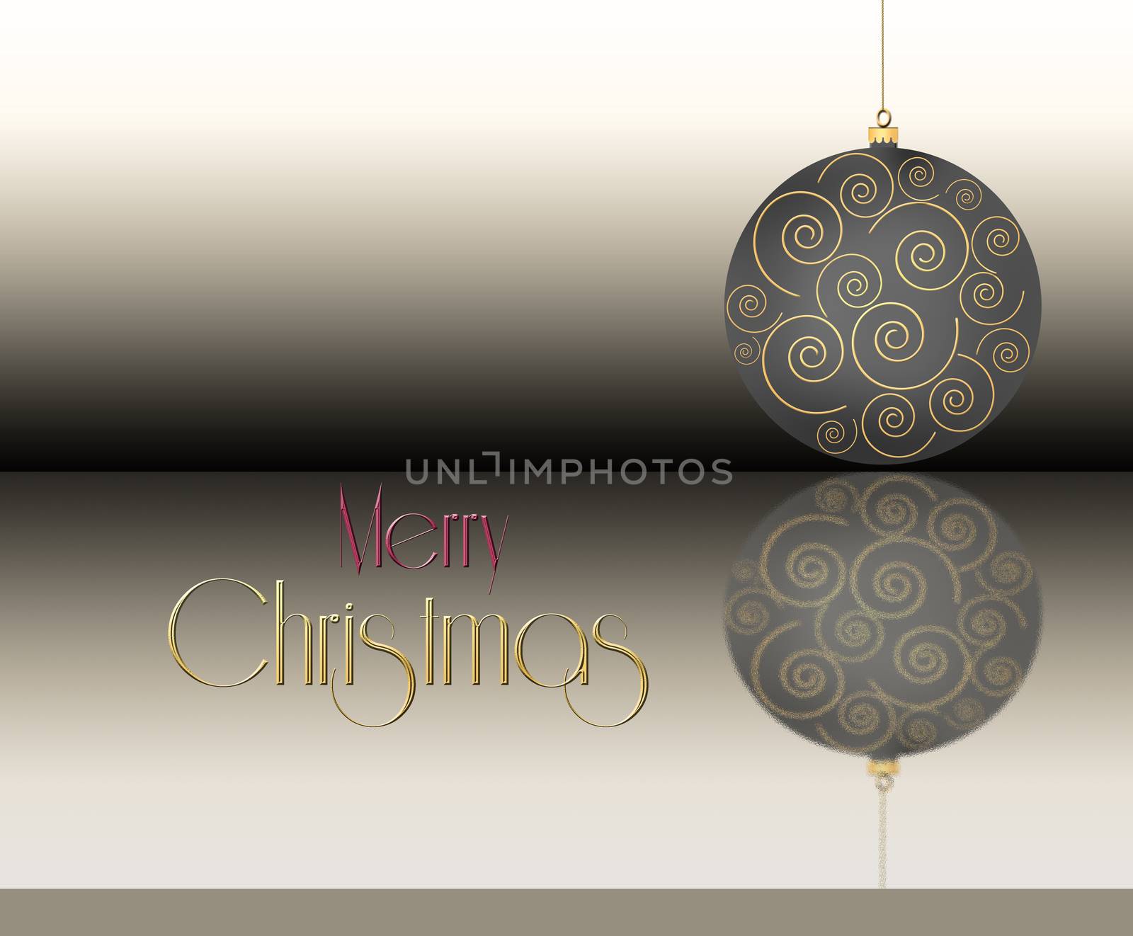 Christmas ball with gold ornament on pastel brown background with text Merry Christmas. 3D Illustration.