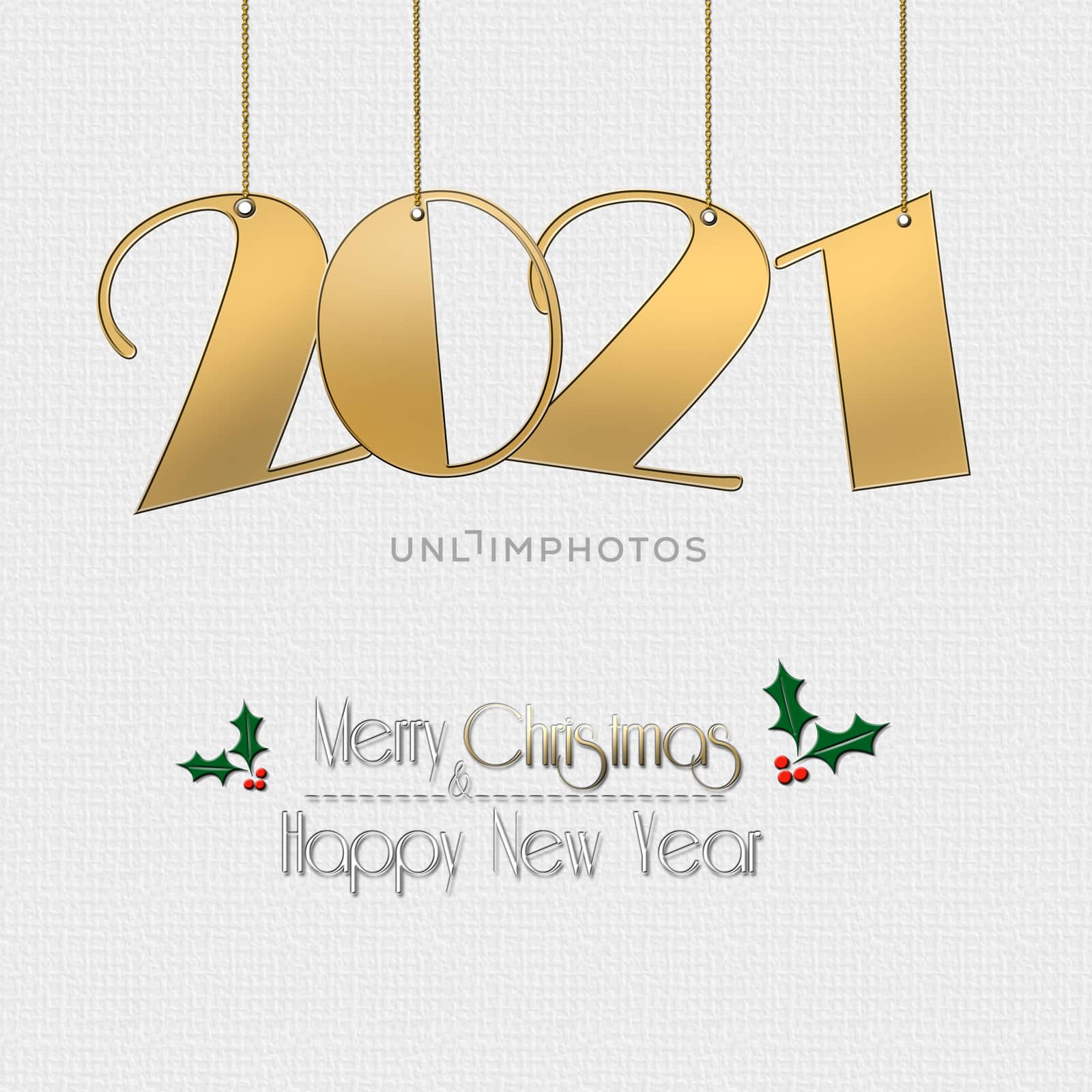 Minimalist Happy New 2021 Year and Christmas design with hanging gold 2021 digit on white background. Text Merry Christmas Happy New Year with holly leaves. 3D illustration