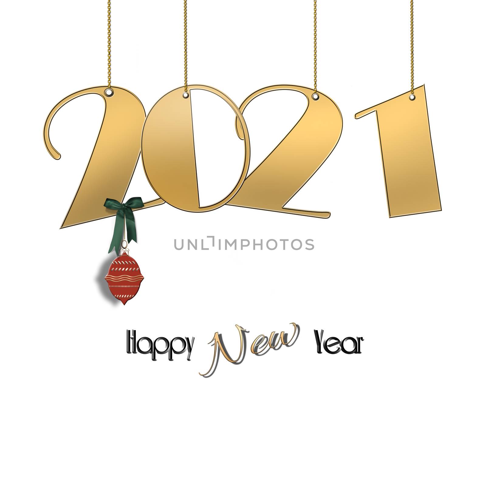 Minimalist Happy New 2021 Year design with hanging gold 2021 digit, hanging red ball on white background. Text Happy New Year. Copy space, 3D illustration