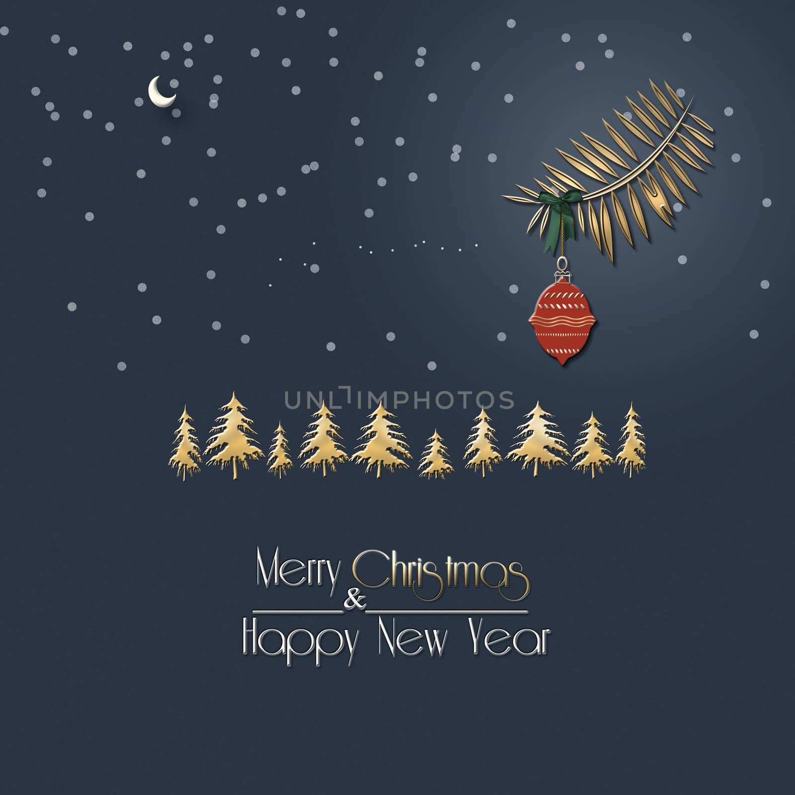 Christmas New Year card with hanging red ball, gold firs on blue background with snow, text Merry Christmas Happy New Year. Banner, greeting cards, brochure. Copy space, 3D illustration