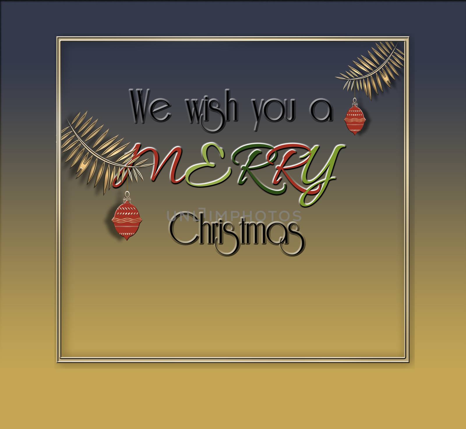 Elegant stylish Christmas card on blue gold background with text We Wish you a Merry Christmas in frame with red hanging balls. Minimalist template design for business cards, banner. 3D illustration