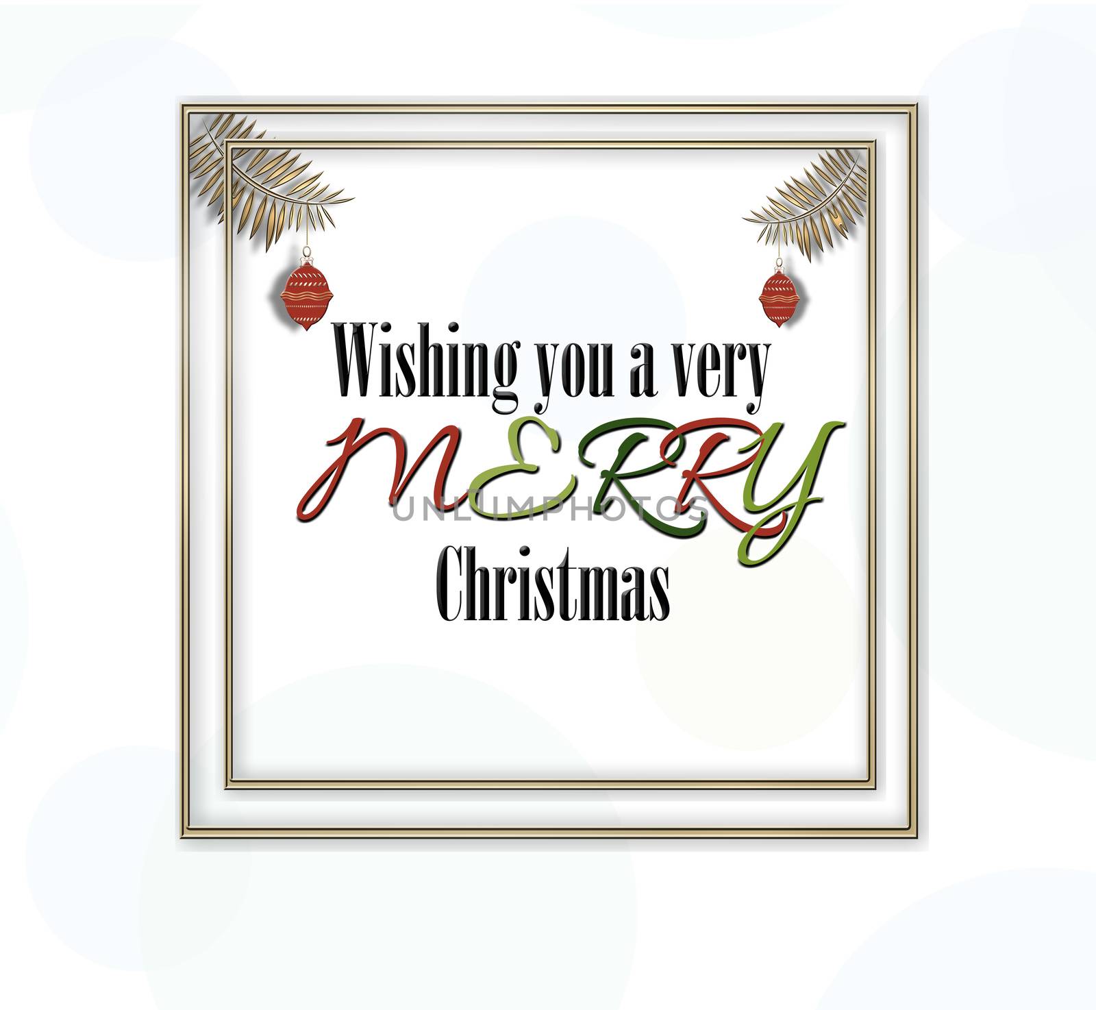 Minimalist Christmas card with text We Wish You a Very Merry Christmas with red hanging balls on white background. 3D illustration
