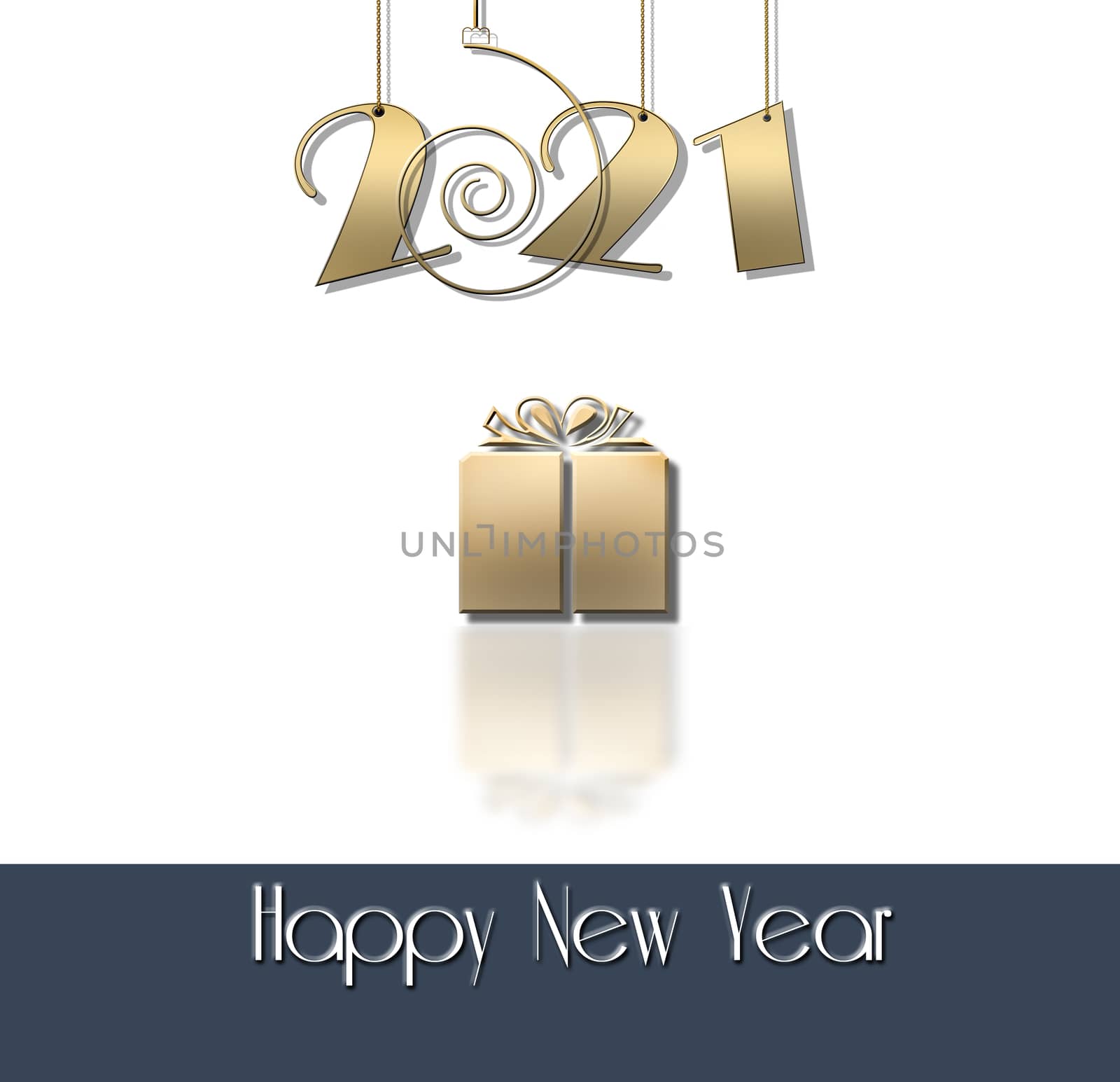 Luxury minimalist Happy New 2021 Year design with hanging gold 2021 digit, shiny gift box with reflection on white background. Text Happy New Year. Mock up, Copy space, greeting card. 3D illustration