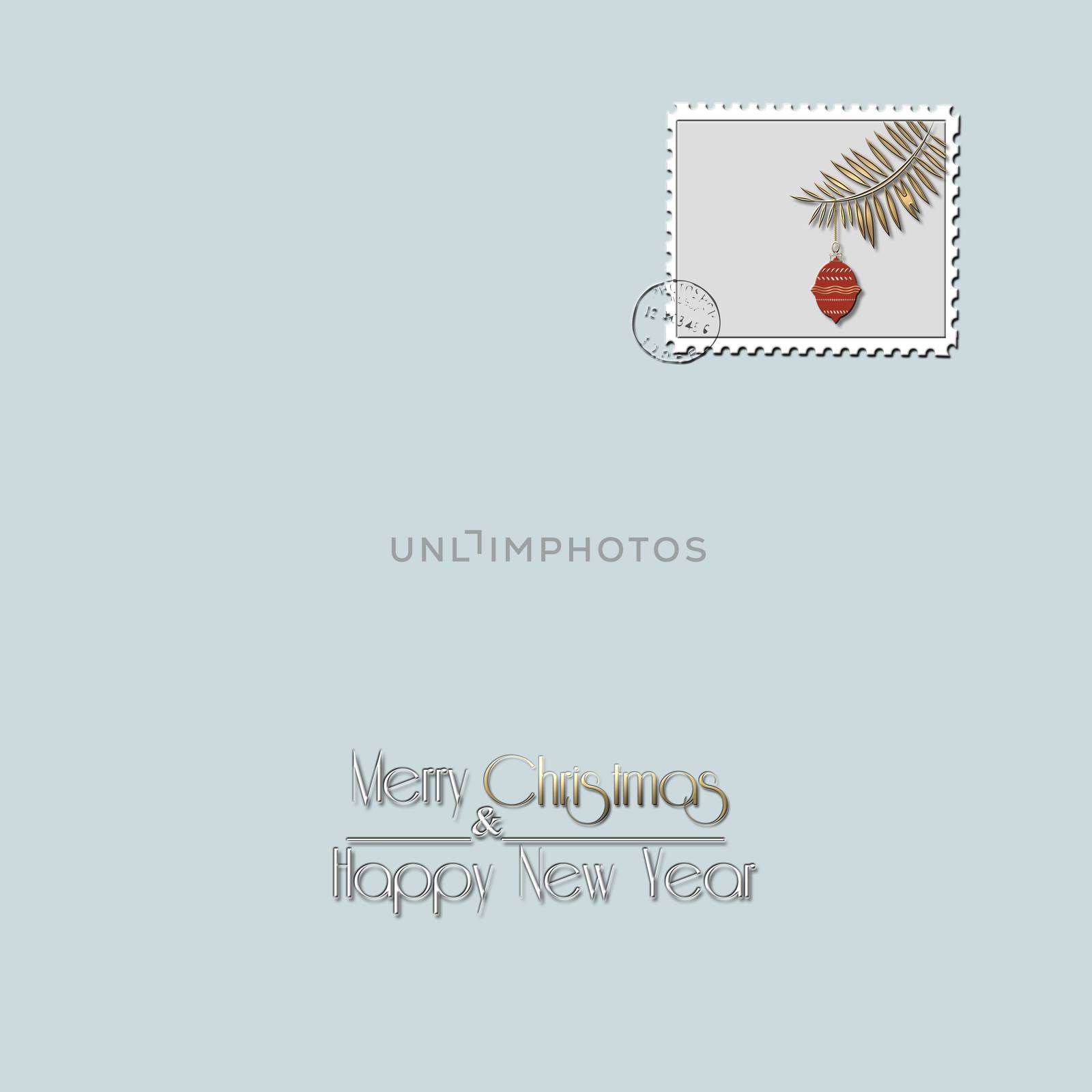 Minimalist Christmas card with gold pine brunch and red ball on a postage stamp and text Merry Christmas and Happy New Year on pastel green background. Copy space. 3D illustration