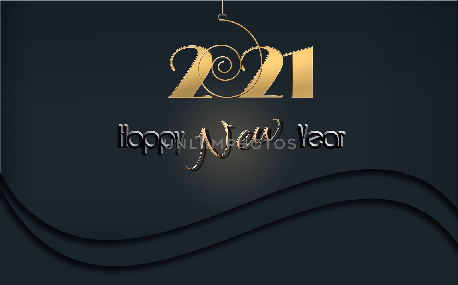 Luxury Happy New 2021 Year design with hanging gold 2021 digit on black background. Winter holidays graphic, web design, business card, calendar cover. Copy space. 3D illustration