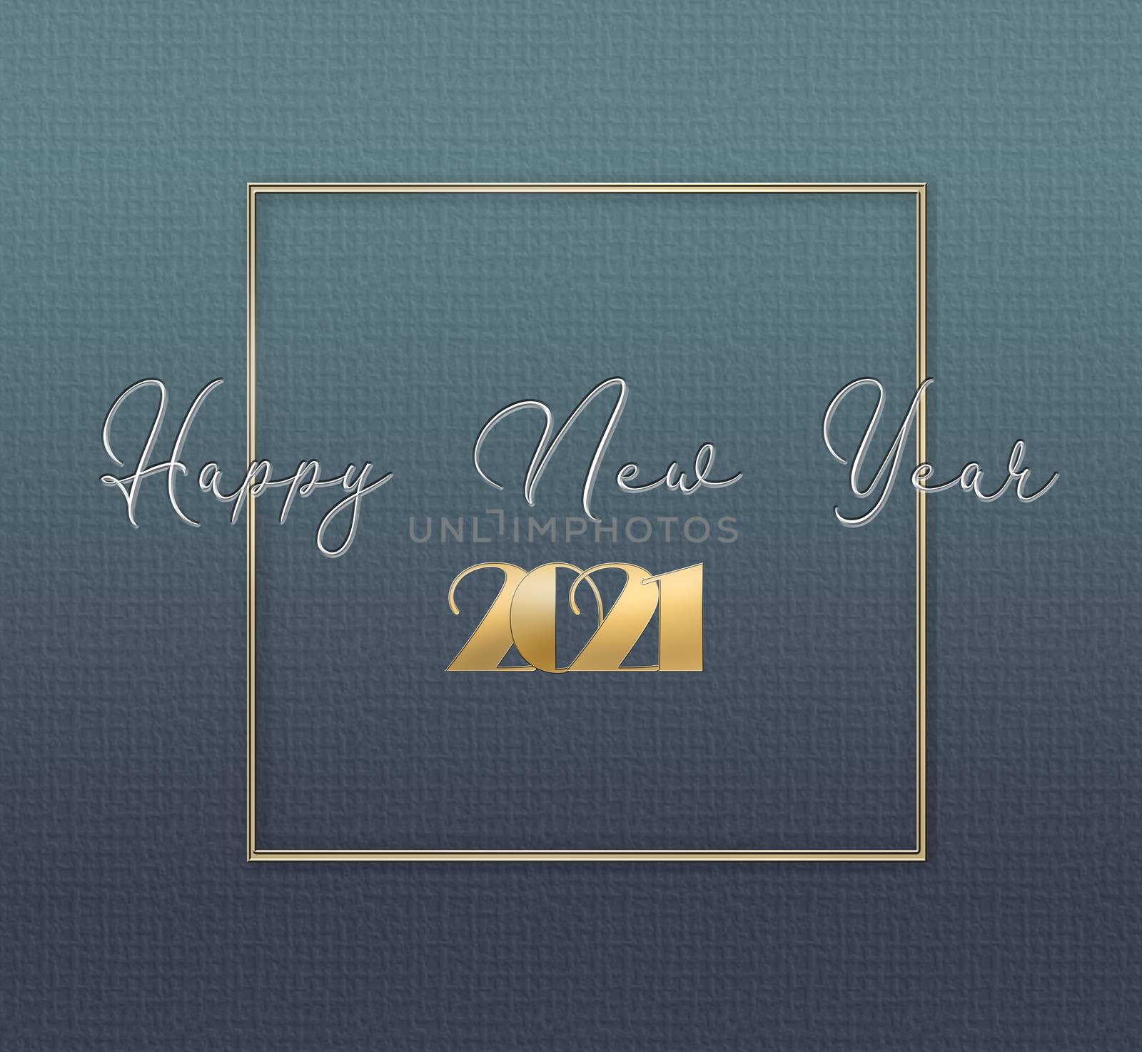 2021 New Year elegant greeting card with shining gold digit 2021 and text Happy New Year on pastel blue background. 3D Illustration.