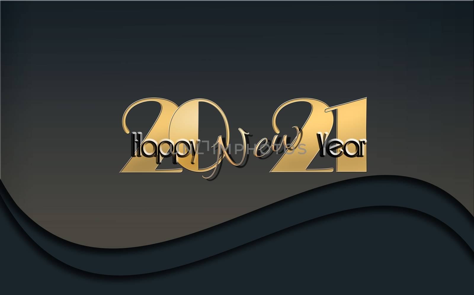 2021 New Year card with shining gold digit 2021 and text Happy New Year on dark black background. 3D Illustration