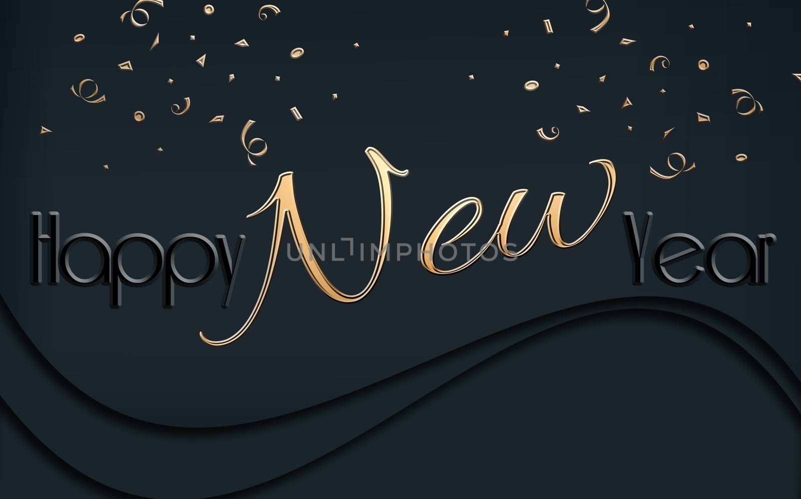 2021 Happy New Year Background. Luxury gold black text Happy New Year with shiny confetti. Dark dramatic greeting card. 3D illustration