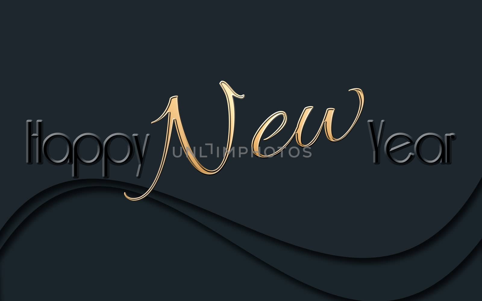 2021 Happy New Year glowing gold black text on black background. Sign, banner, poster, 2021 greeting card. 3D illustration