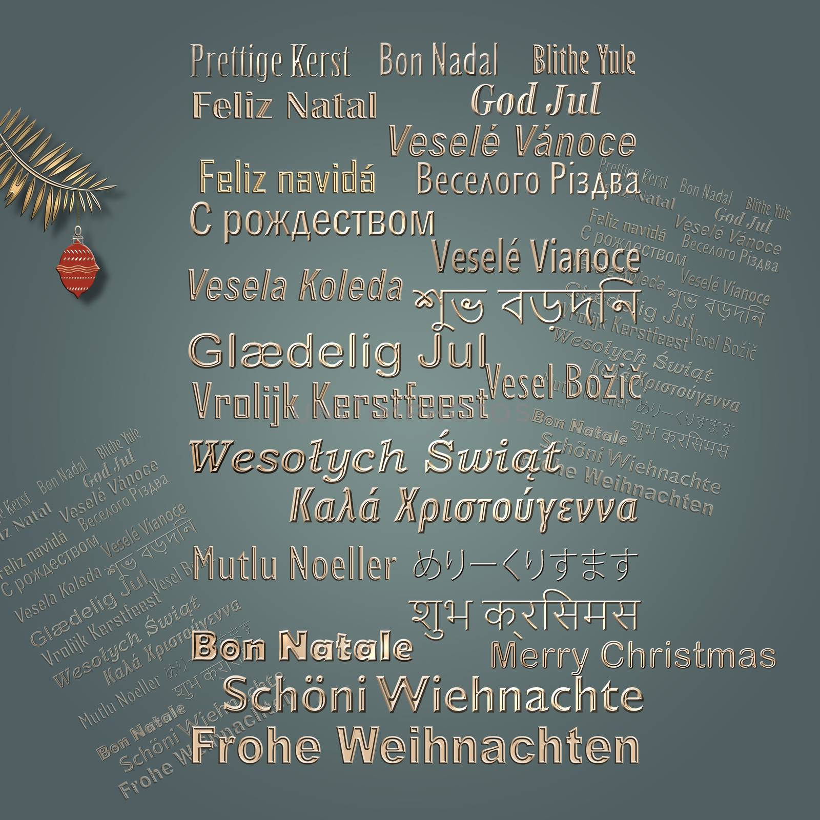 MERRY CHRISTMAS text in multiple languages with red hanging balls on pastel green background. Christmas word cloud banner. 3D illustration