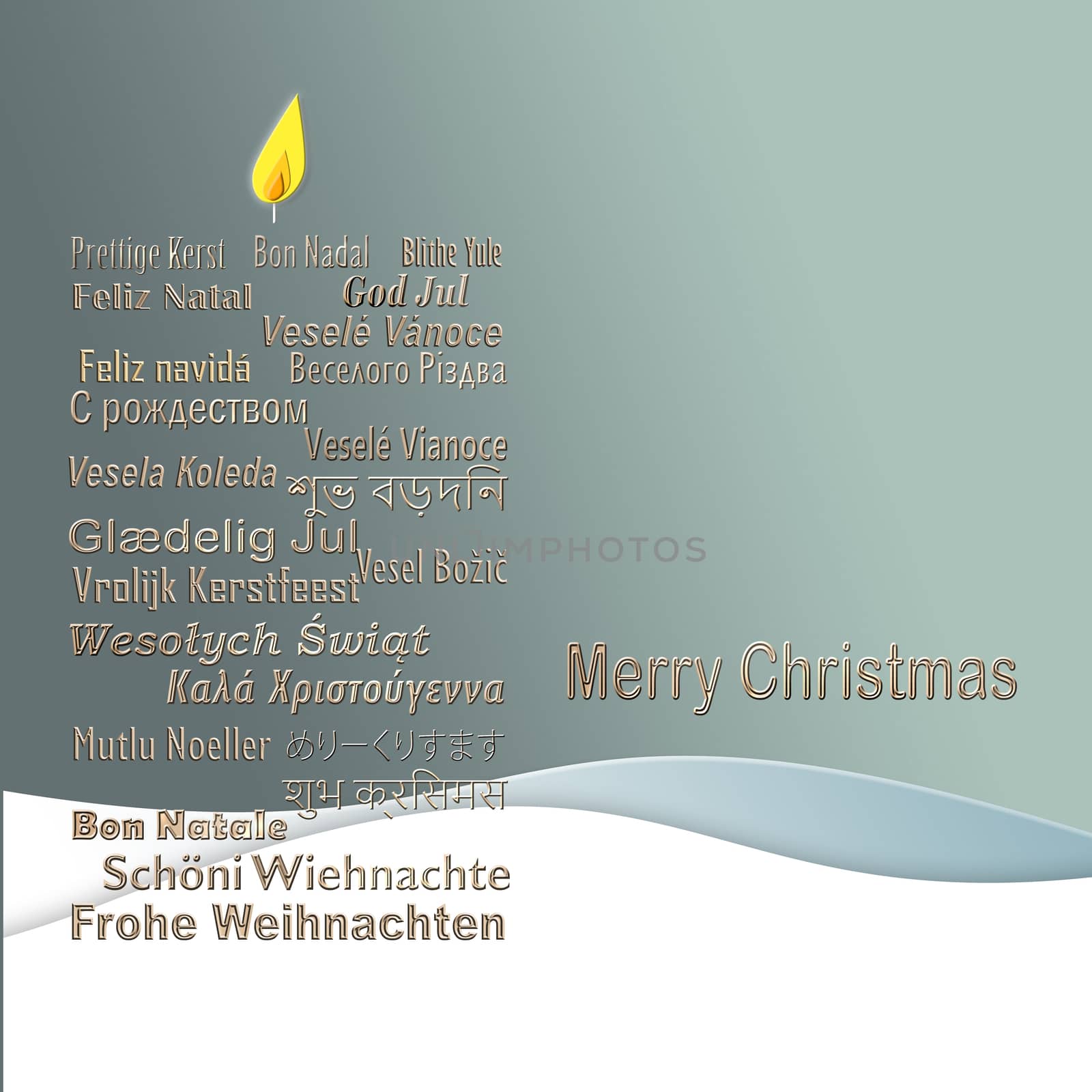 Words Merry Christmas in Different European, Eastern European, Hindi, Bengali, Indian, Japanese Languages forming candle on pastel green background. 3D illustration