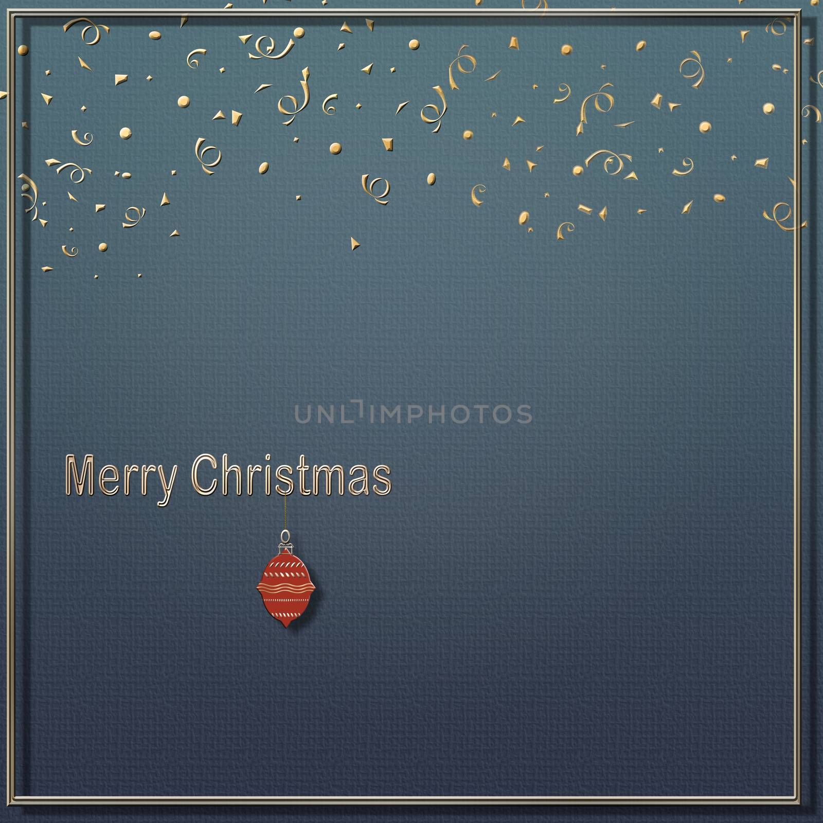 Minimalist Christmas card with gold confetti and text Merry Christmas with hanging red ball on blue background. Copy space. 3D illustration