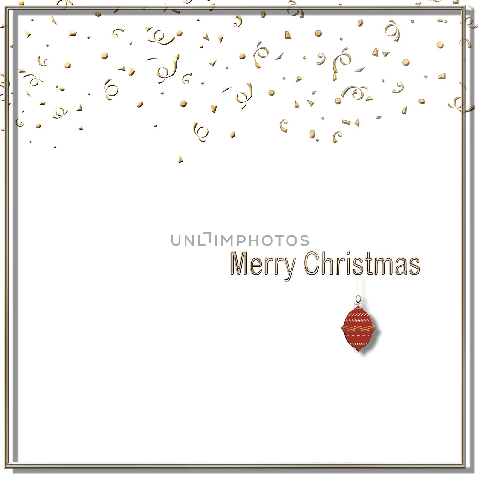 Minimalist Christmas card with gold confetti and text Merry Christmas with hanging red ball on white background. Copy space. 3D illustration