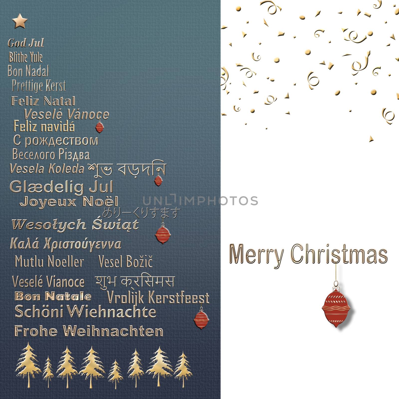 TEXT Merry Christmas in Different European, Eastern European, Hindi, Bengali, Indian, Japanese Languages forming Christmas Tree with red balls, gold confetti on white blue background. 3D illustration