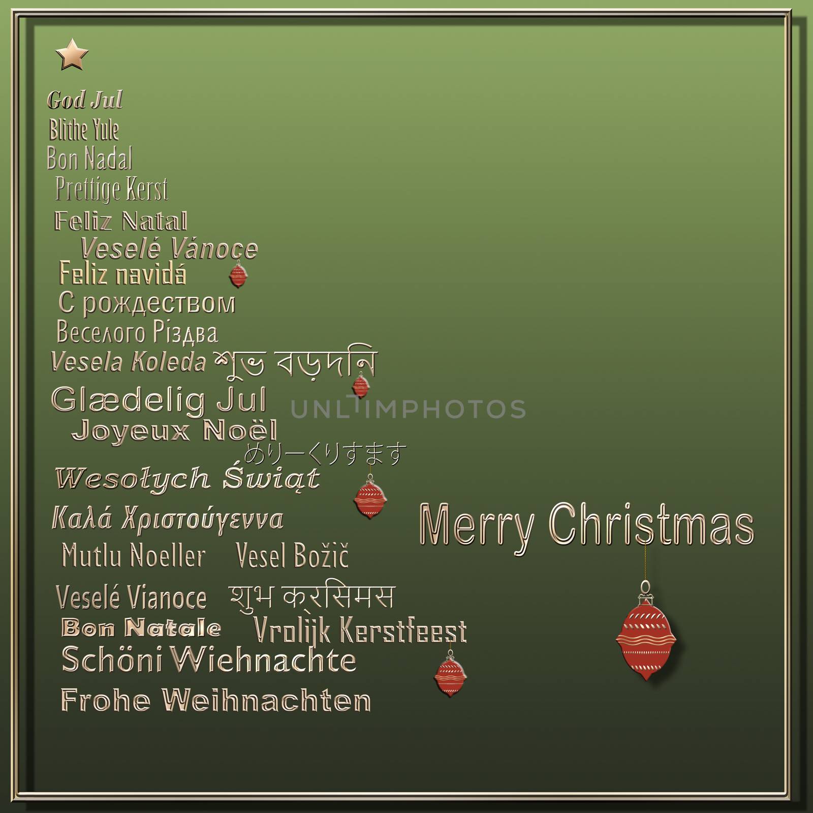 Words Merry Christmas in Different European, Eastern European, Hindi, Bengali, Indian, Japanese Languages forming Christmas Tree with red balls on green background. Copy space. 3D illustration