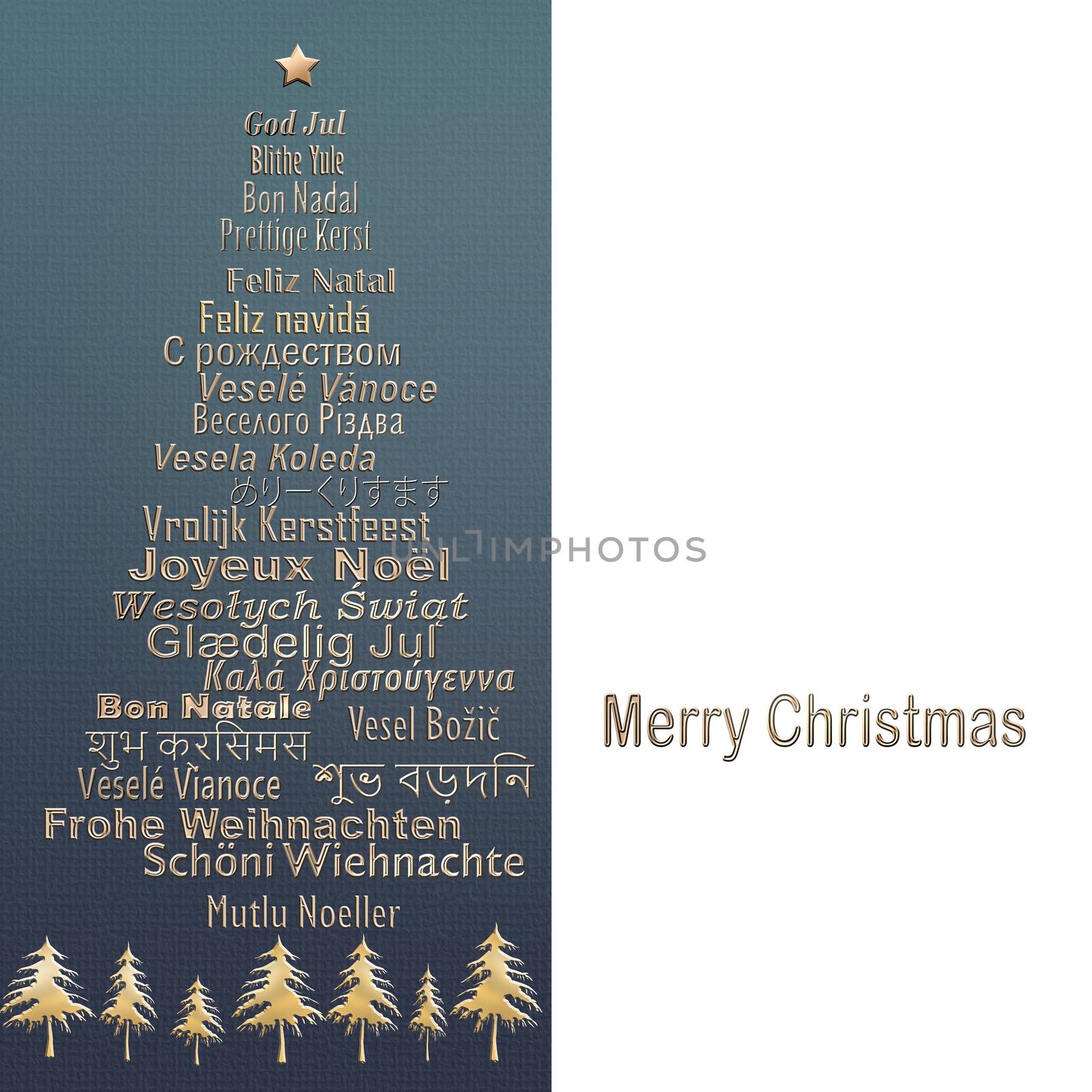 Luxury Merry Christmas card In Different European, Eastern European, Hindi, Bengali, Indian, Japanese Languages forming Christmas Tree and border of gold trees on blue white background. 3D illustration