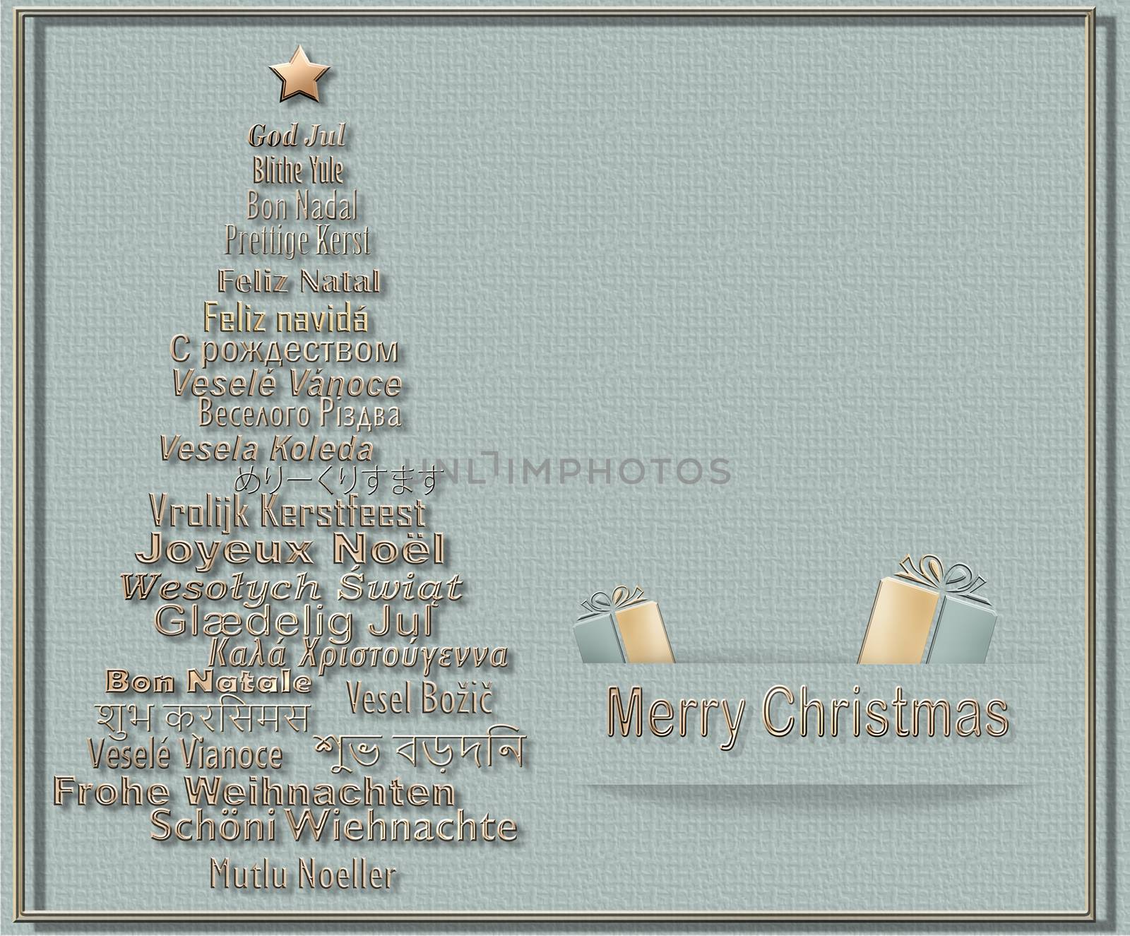 Merry Christmas card In Different European, Eastern European, Hindi, Bengali, Indian, Japanese Languages forming Christmas Tree and gold gift boxes on pastel green background. 3D illustration