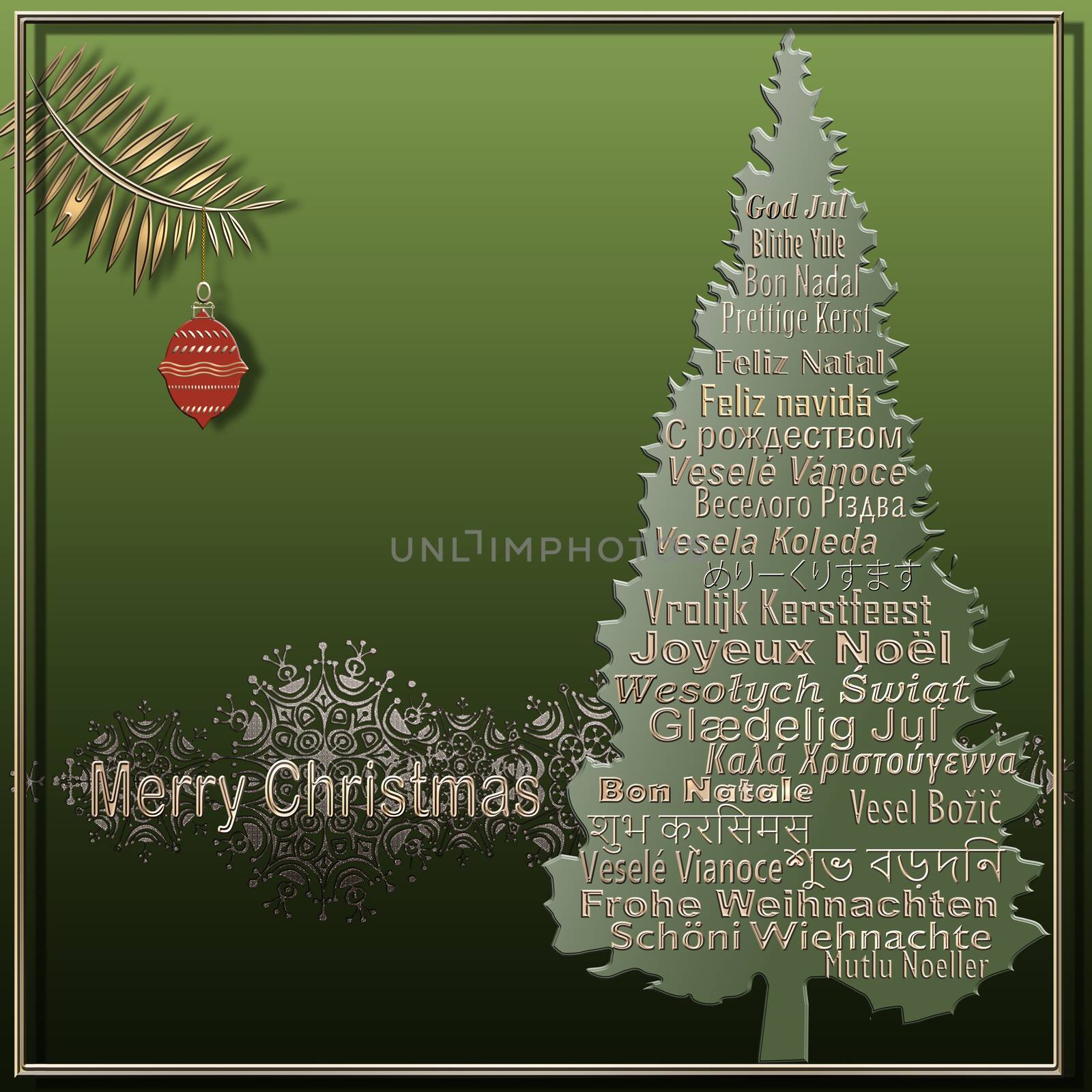 Christmas card with text Merry Christmas in European, Eastern European, Hindi, Bengali, Indian, Japanese languages, hanging red ball on green background with silver snowflakes frame. 3D illustration