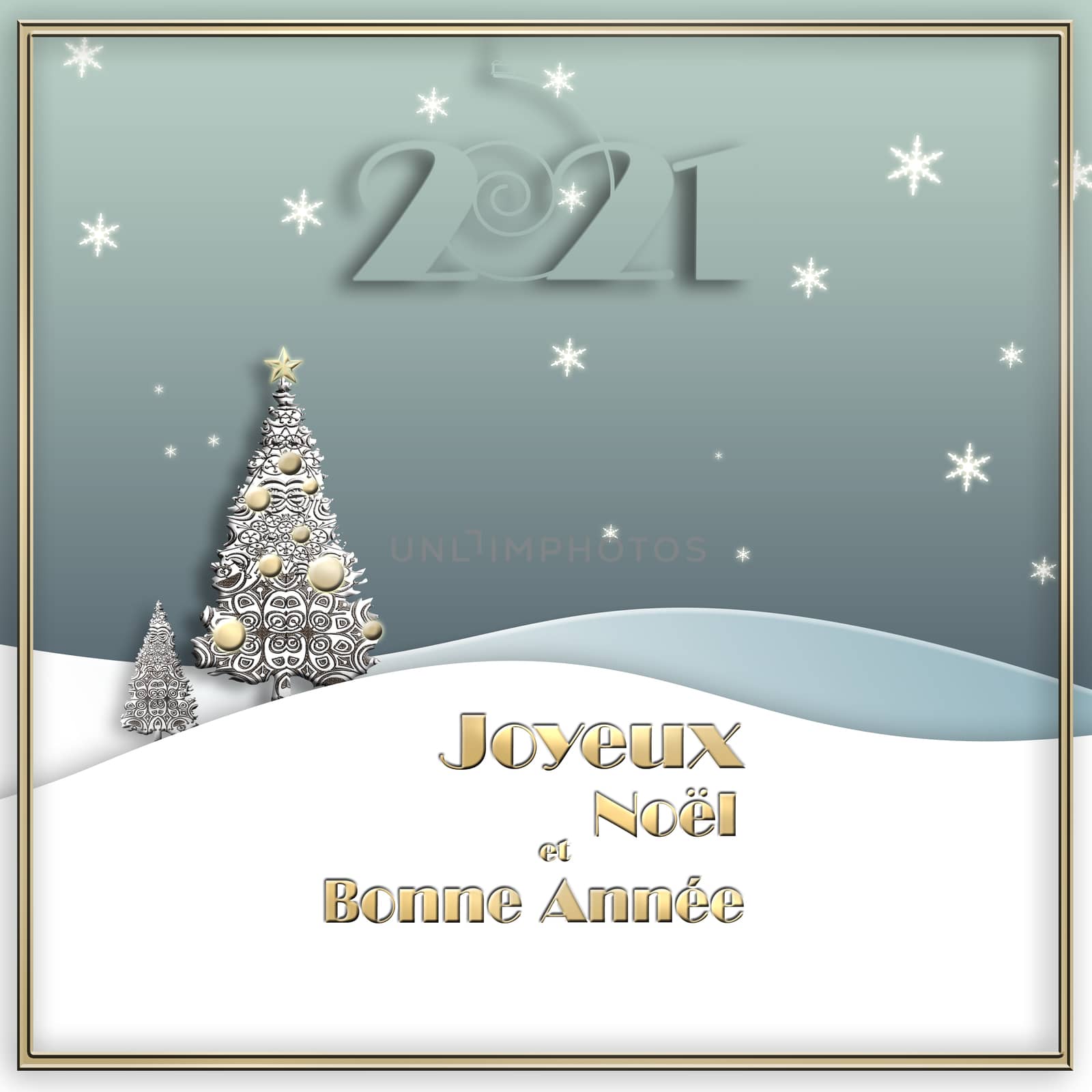 2021 greeting card on pastel winter landscape, gold Christmas trees, hanging digit 2021 with Text Merry Christmas and Happy New Year in french language Joyeux Noel et Bonne Annee. 3D illustration