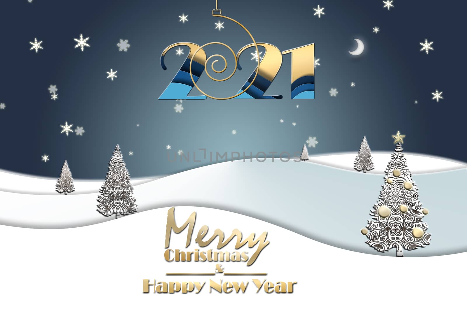 2021 New Year elegant greeting landscape with shining gold christmas trees made of snowflakes on blue background and hanging gold digit 2021, text Merry Christmas Happy New Year. 3D Illustration.