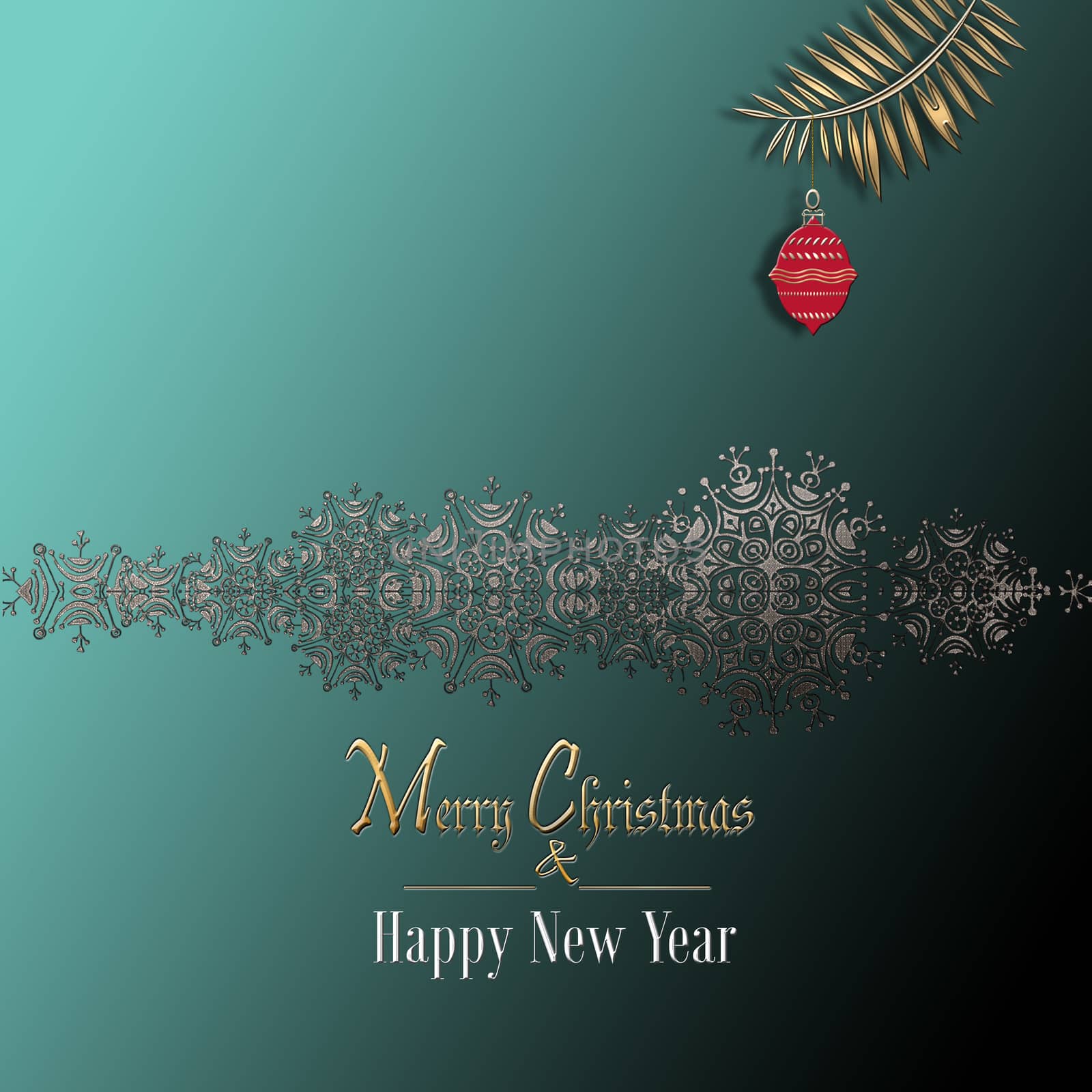 Christmas and Happy New Year Background with shiny border of snowflakes, red ball on green background. 3D illustration