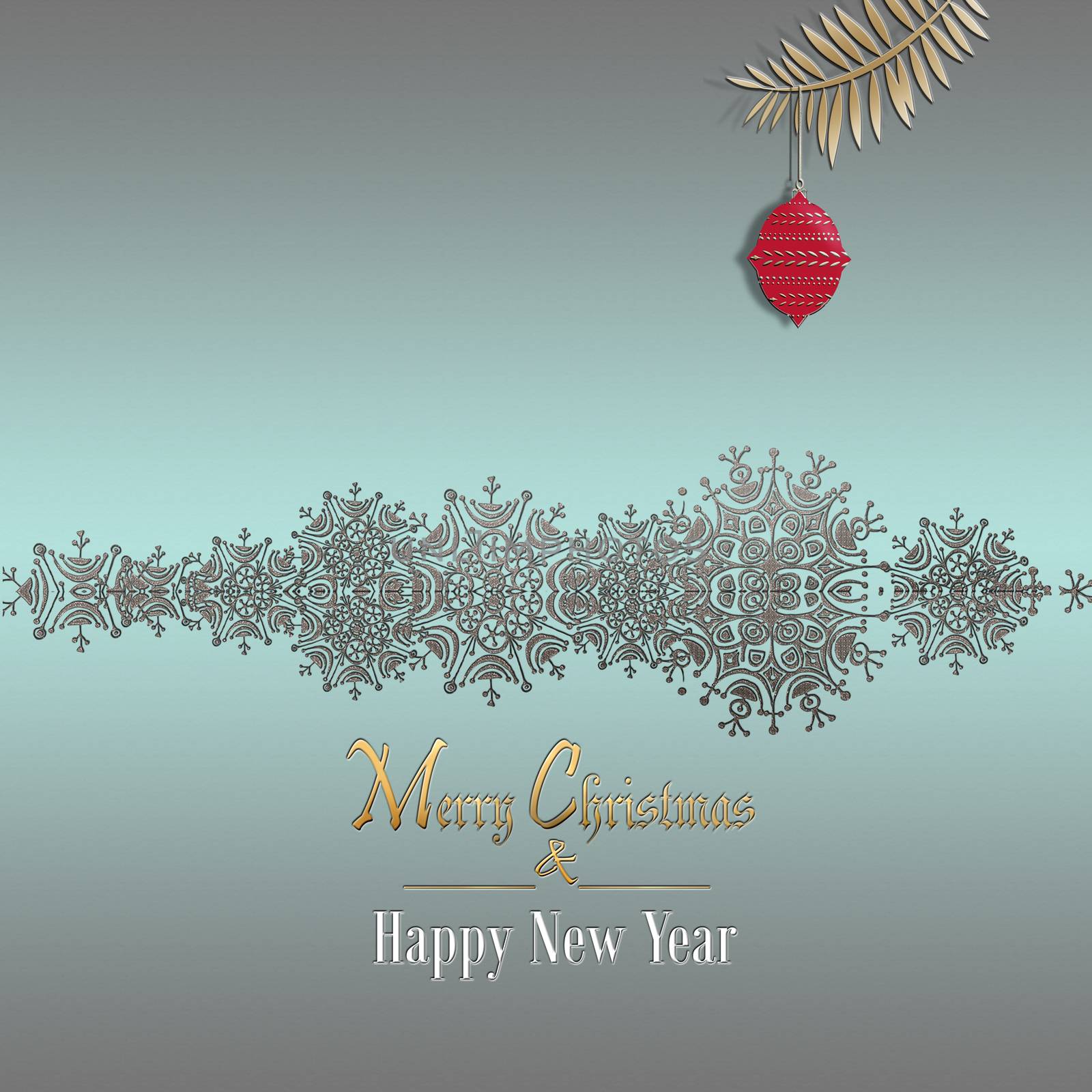 Christmas and Happy New Year Background with silver border of snowflakes, red ball on pastel green metallic background. 3D illustration
