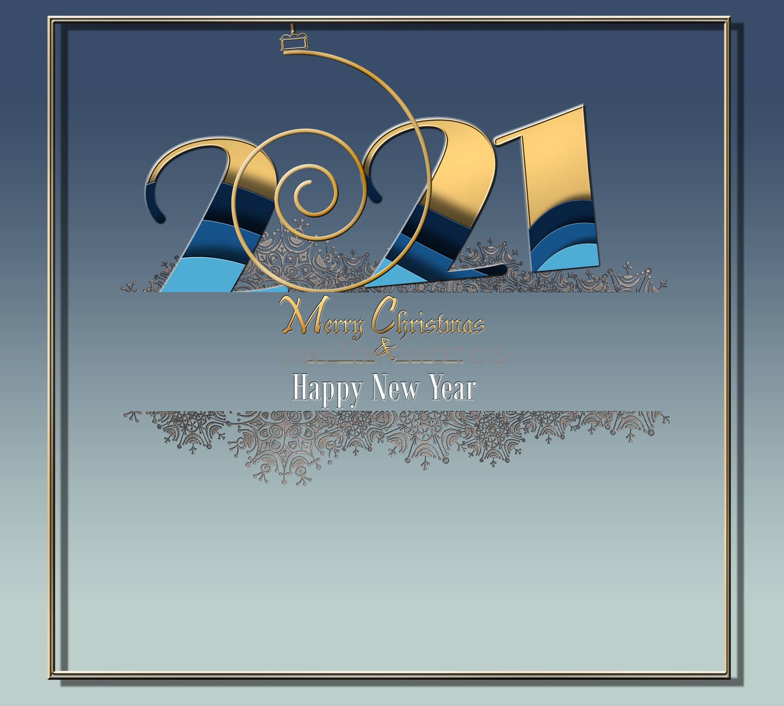 2021 New Year luxury elegant greeting card with shining gold frame of snowflakes on pastel blue background and digits 2021, text Merry Christmas Happy New Year. Banner, poster, 3D Illustration.