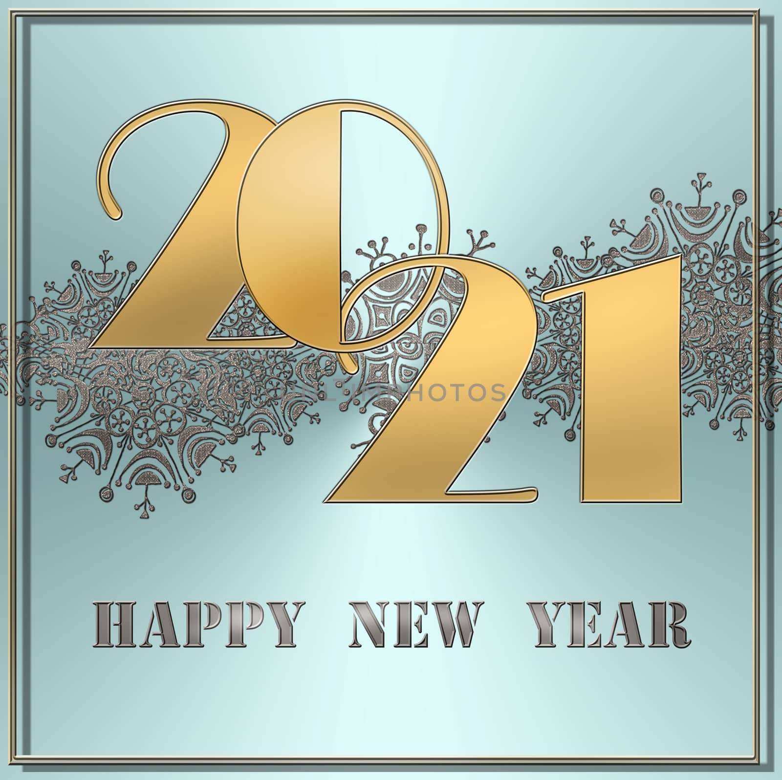 2021 New Year luxury elegant greeting card with shining gold snowflakes on metallic blue background, Lettering Happy New Year. Banner, poster,symbol, menu. 3D Illustration.