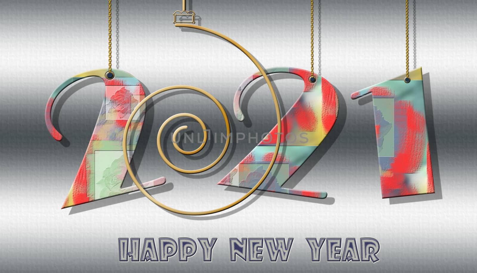 Happy 2021 new year colorful banner. Hanging numbers 2021, text Happy New Year on metallic grey shiny background. 3D illustration