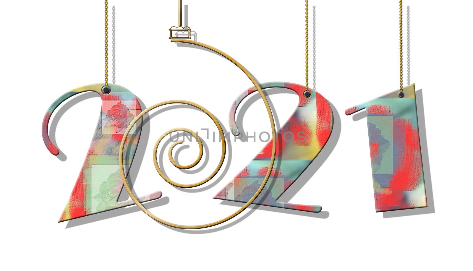 Hanging 2021 new year numbers with gradient green red colour on white background. Copy space. 3D illustrartion